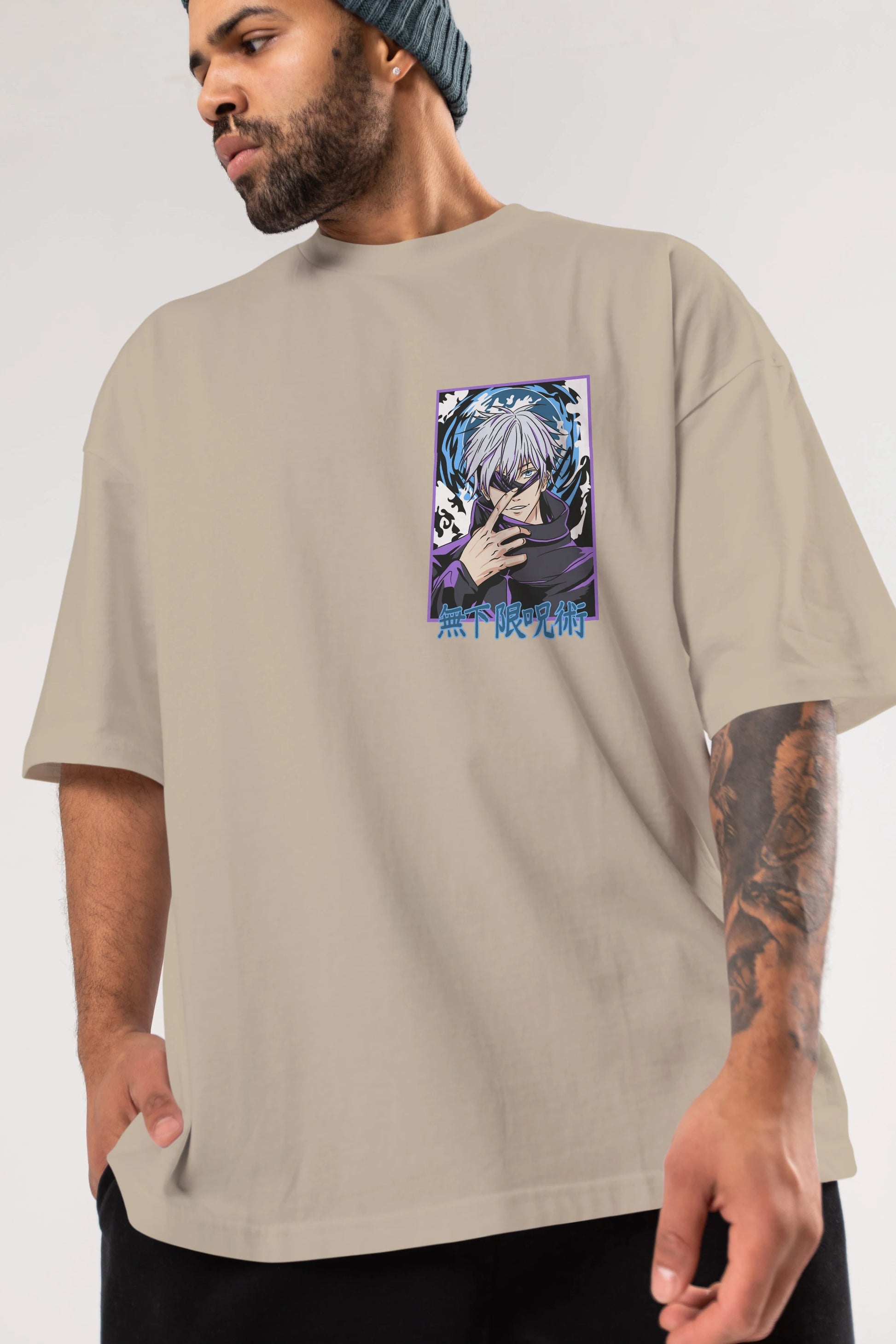 SATORU GOJO 3 Ön Sol Baskılı Oversize t-shirt Erkek Kadın Unisex %100 Pamuk Bisiklet Yaka tişort