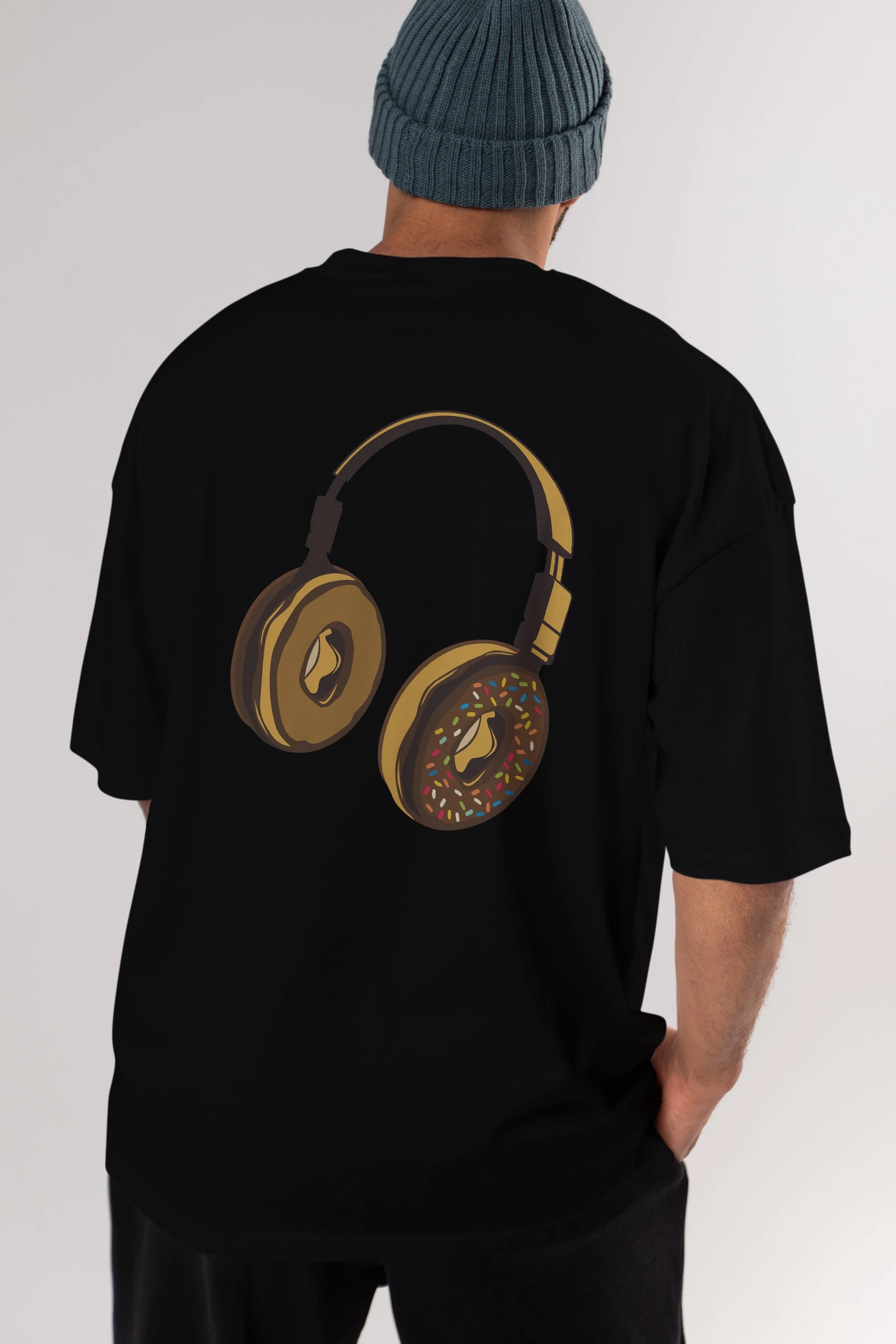 Headphone Donut Arka Baskılı Oversize t-shirt %100 pamuk Erkek Kadın Unisex