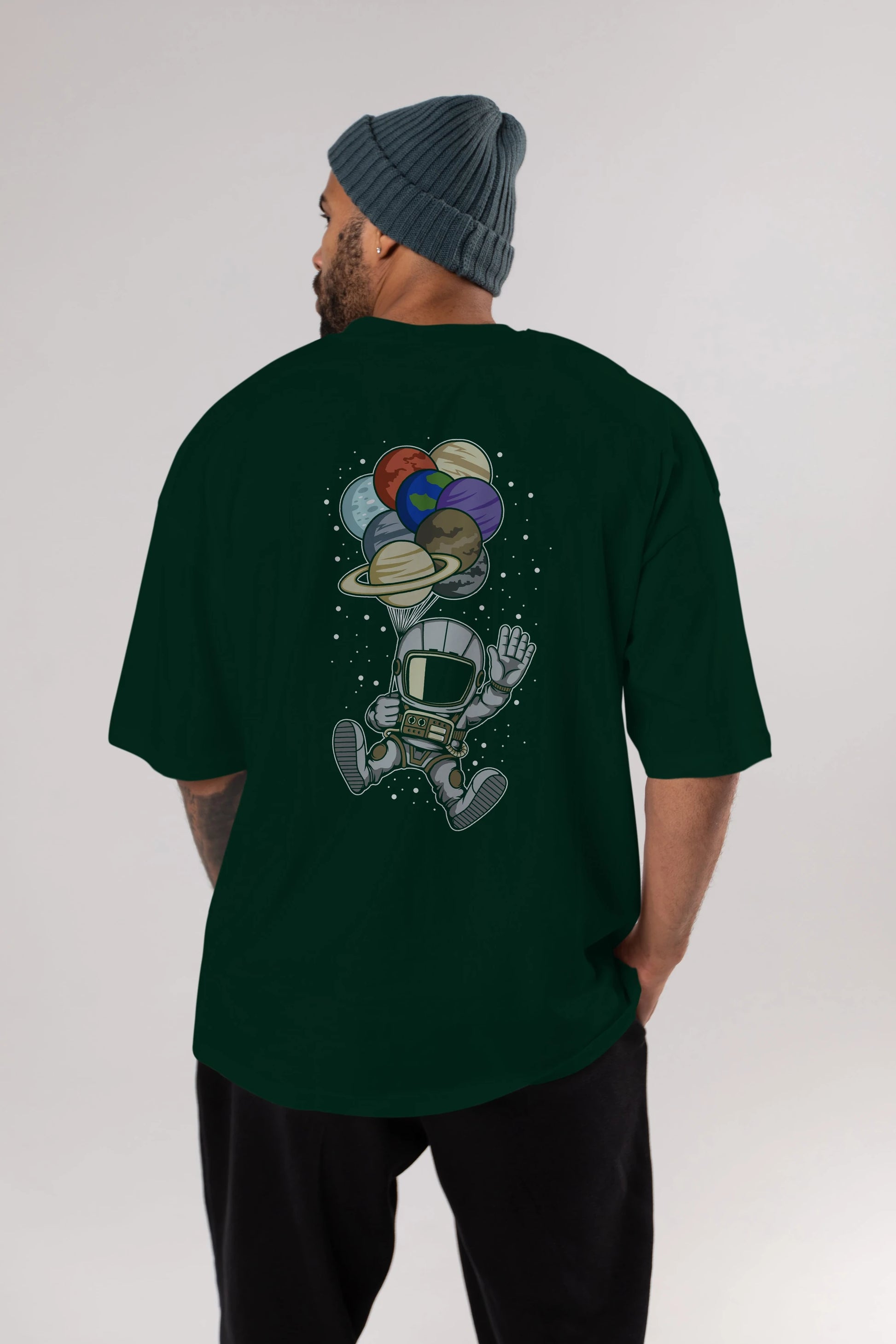 Astronaut Baloon Planets Arka Baskılı Oversize t-shirt Erkek Kadın Unisex