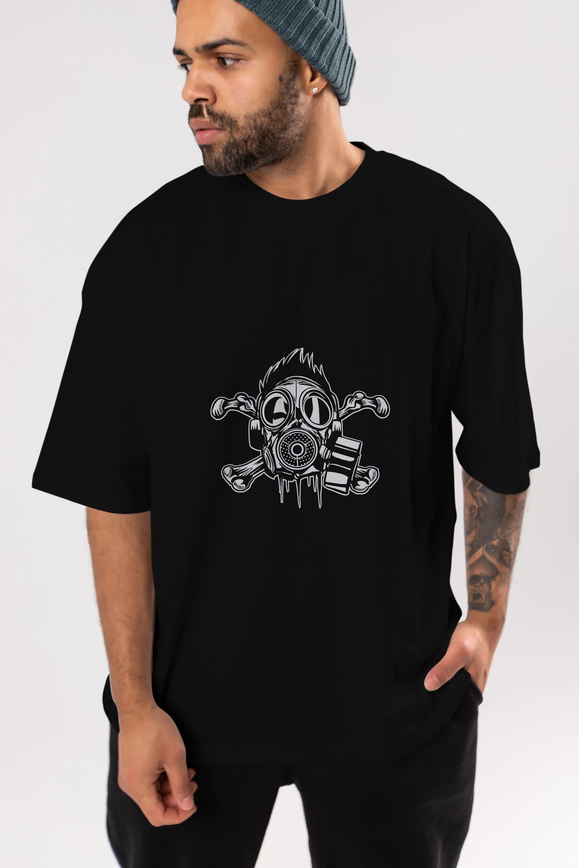 Cross Bones Gasmask Ön Baskılı Oversize t-shirt Erkek Kadın Unisex %100 Pamuk tişort