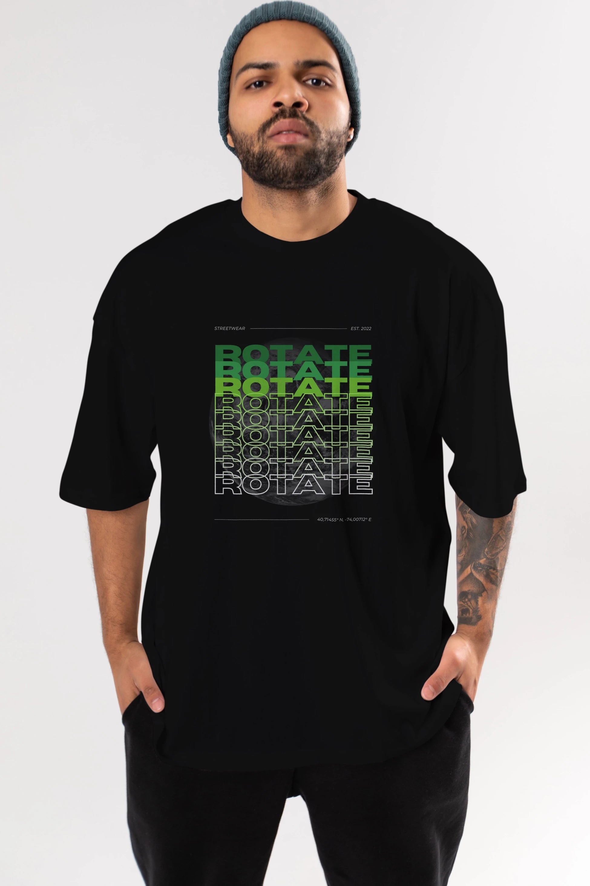 Rotate Yazılı Ön Baskılı Oversize t-shirt Erkek Kadın Unisex