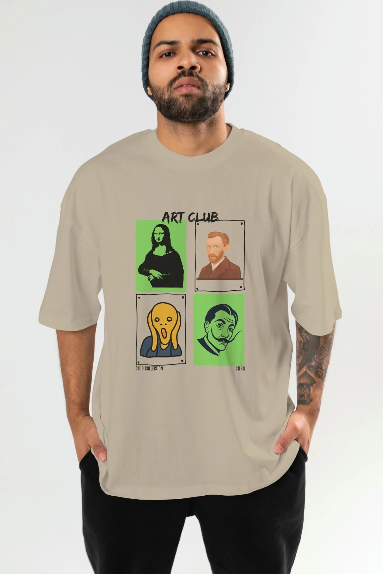 Art Club ön Baskılı Oversize t-shirt Erkek Kadın %100 Pamuk Bisiklet Yaka tişort