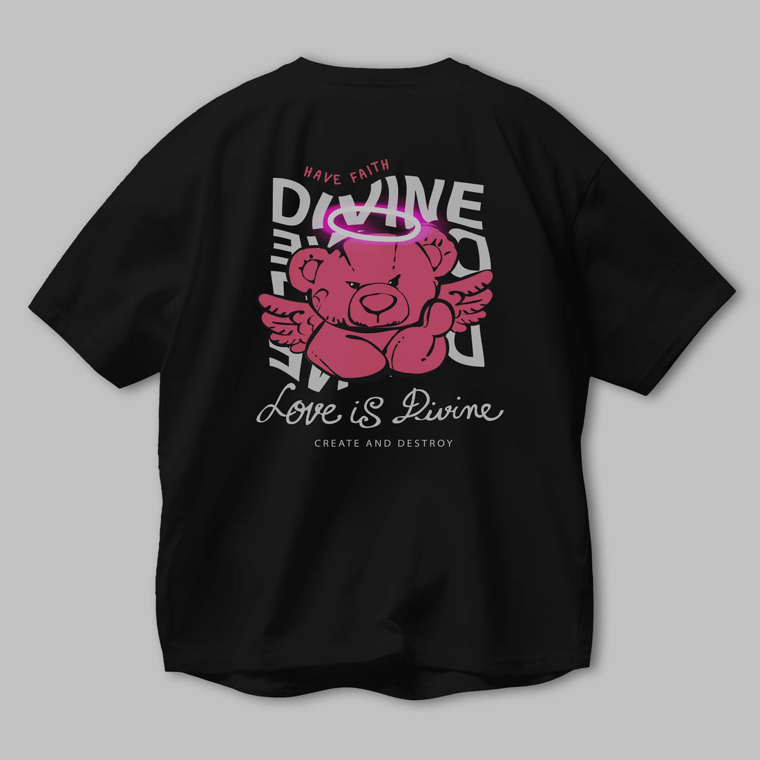 Love is Divine Bear Arka Baskılı Oversize t-shirt Erkek Kadın Unisex