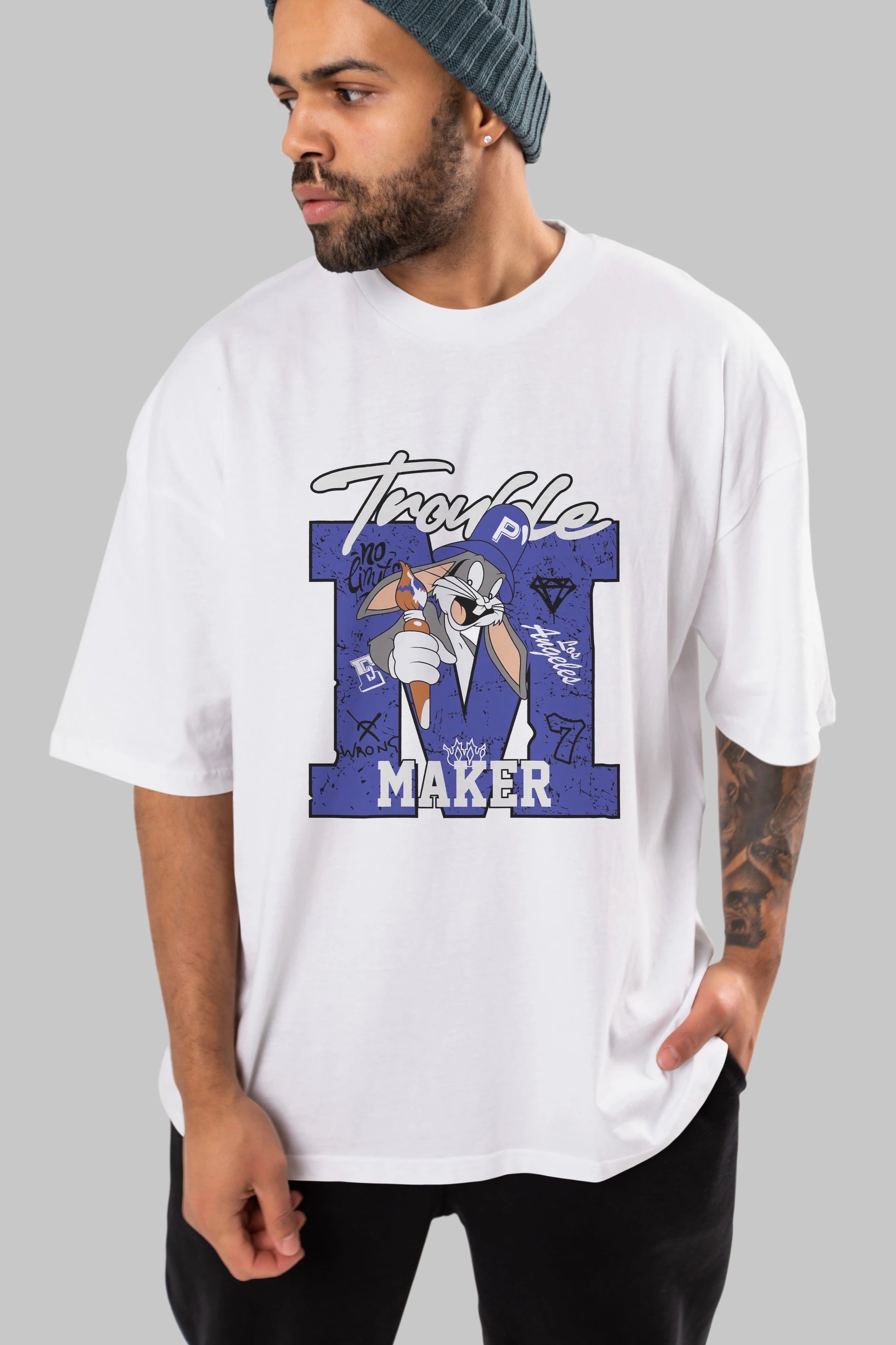 Bugs Bunny Ön Baskılı Oversize t-shirt Erkek Kadın Unisex %100 Pamuk Bisiklet Yaka tişort