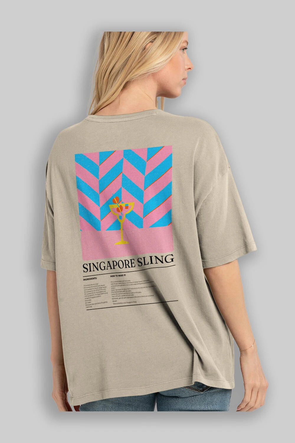 Singapore Sling Kokteyl Serisi Arka Baskılı Oversize t-shirt Erkek Kadın %100 Pamuk Bisiklet Yaka tişort