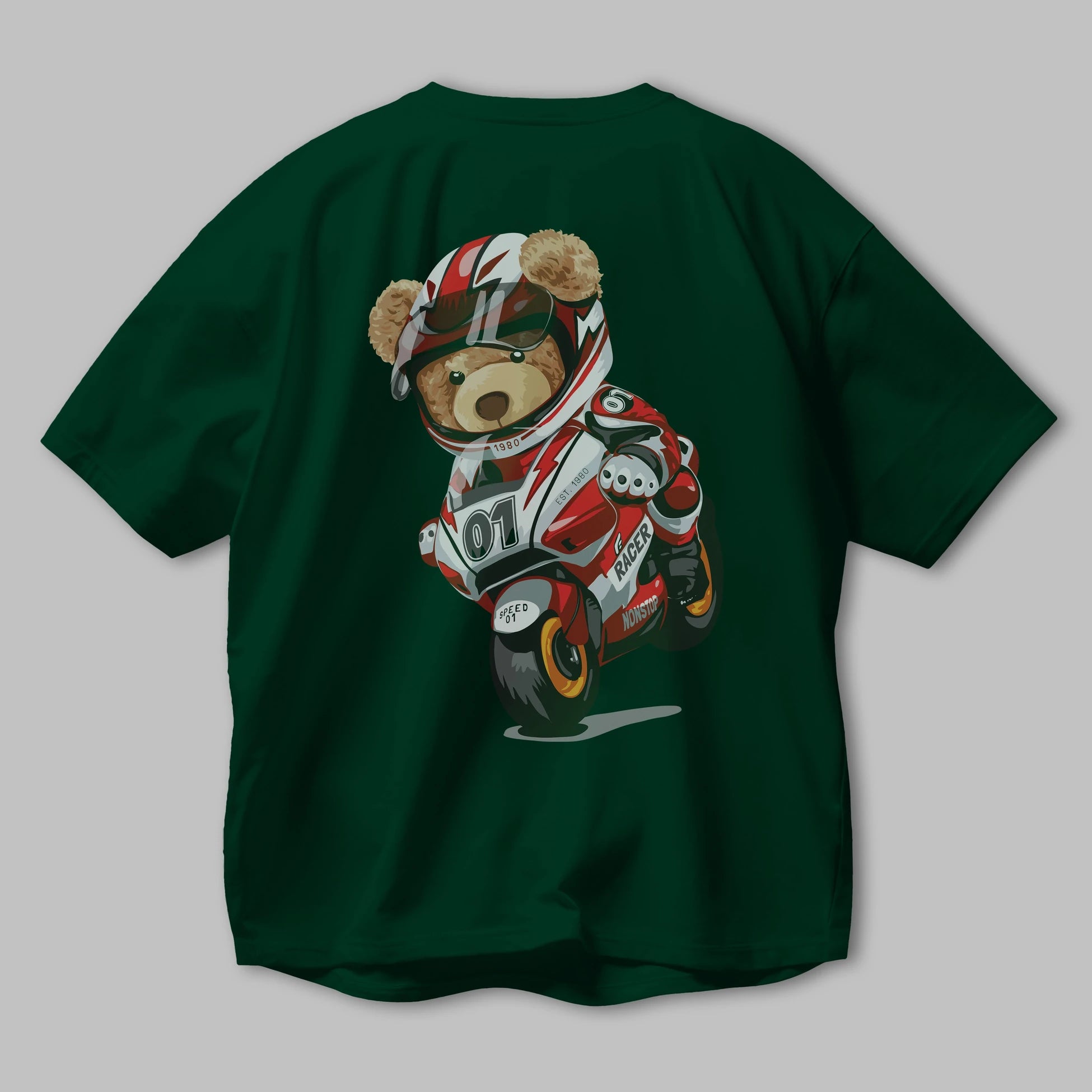 Teddy Bear Racer Arka Baskılı Oversize t-shirt Erkek Kadın Unisex %100 Pamuk