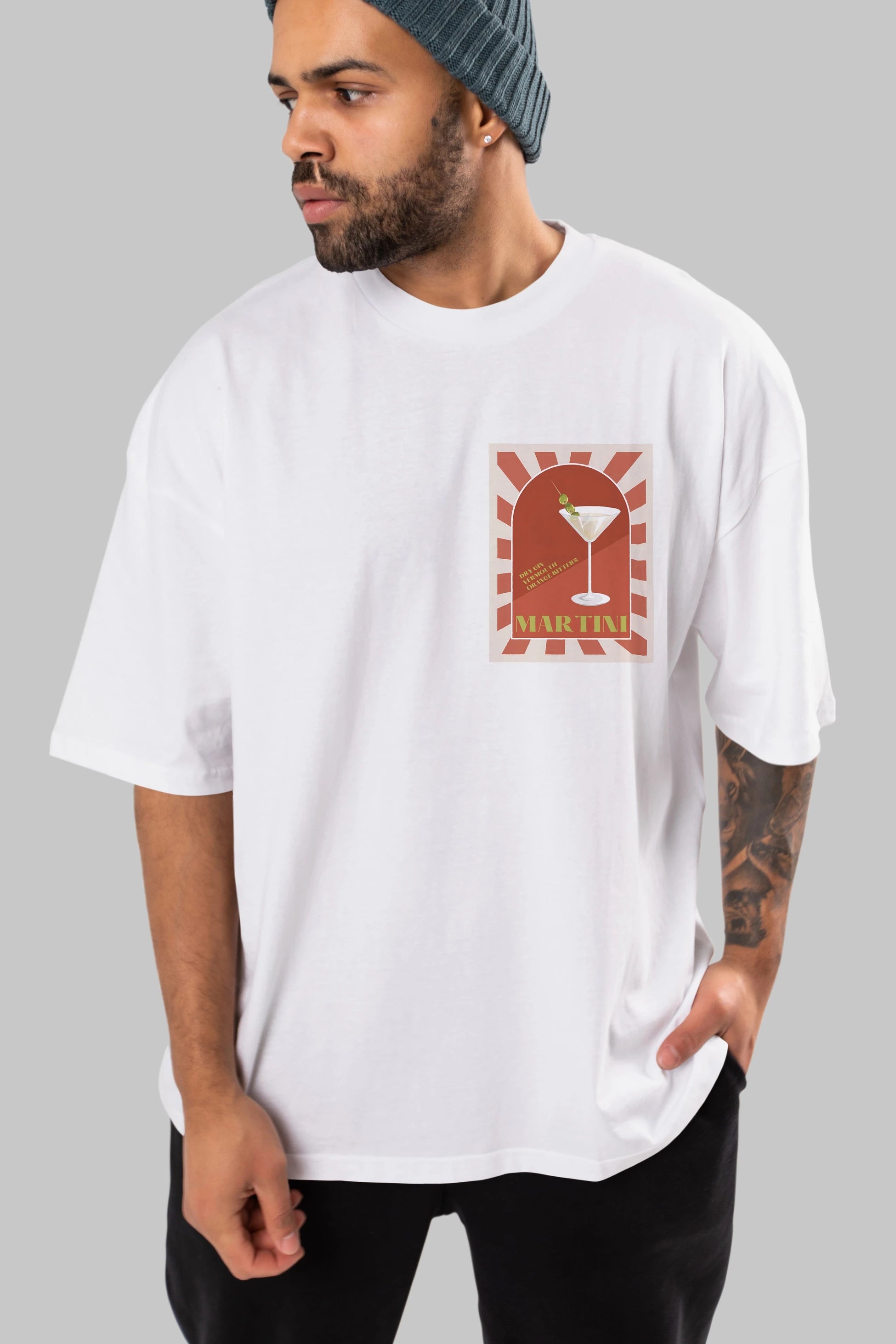Martini 2 Ön Sol Baskılı Oversize t-shirt Erkek Kadın Unisex %100 Pamuk Bisiklet Yaka tişort