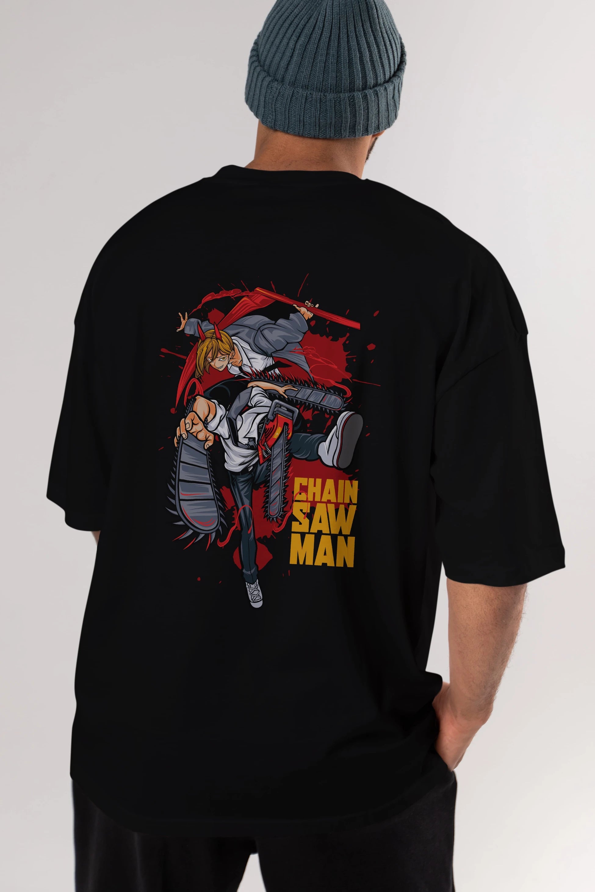 DENJI and POWER Anime Arka Baskılı Oversize t-shirt Erkek Kadın Unisex