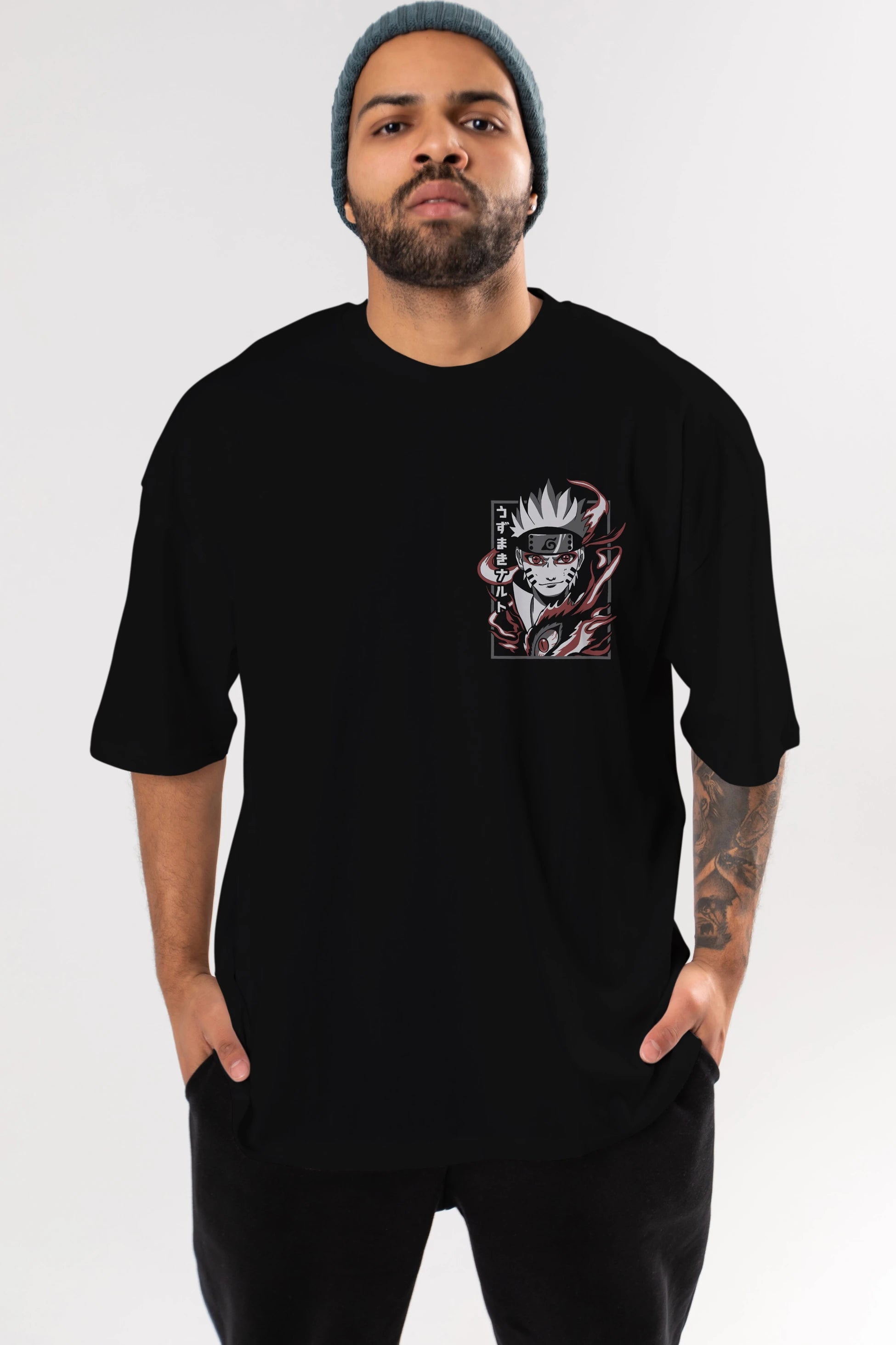 NarutoMod Ön Sol Baskılı Oversize t-shirt Erkek Kadın Unisex %100 Pamuk Bisiklet Yaka tişort
