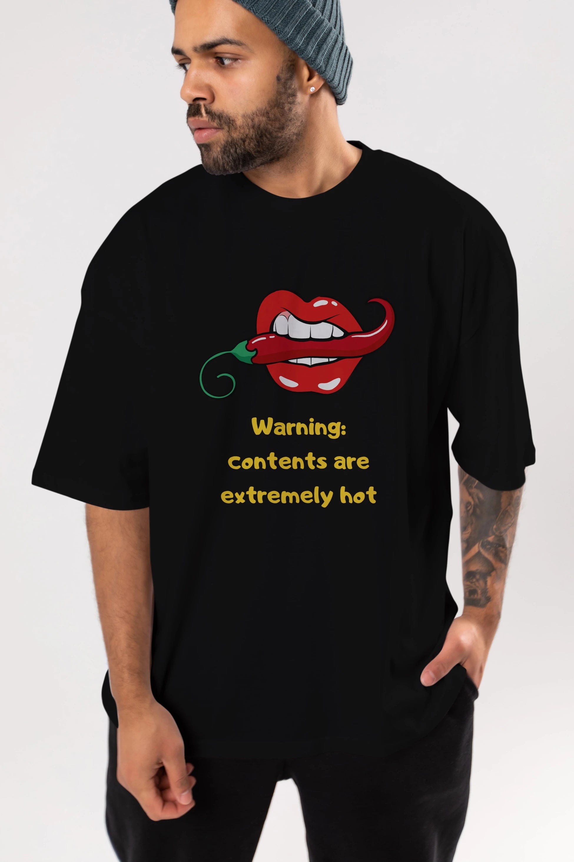 Warning Contents Yazılı Ön Baskılı Oversize t-shirt Erkek Kadın Unisex