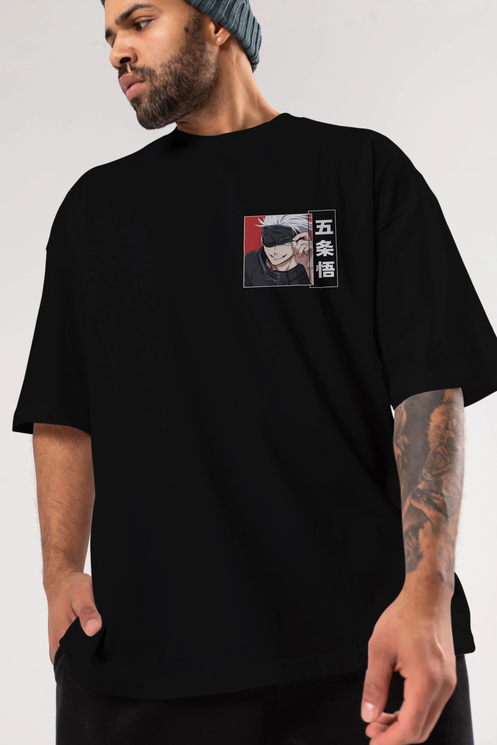 JUJUTSU KAISEN Ön Sol Baskılı Oversize t-shirt Erkek Kadın Unisex %100 Pamuk Bisiklet Yaka tişort