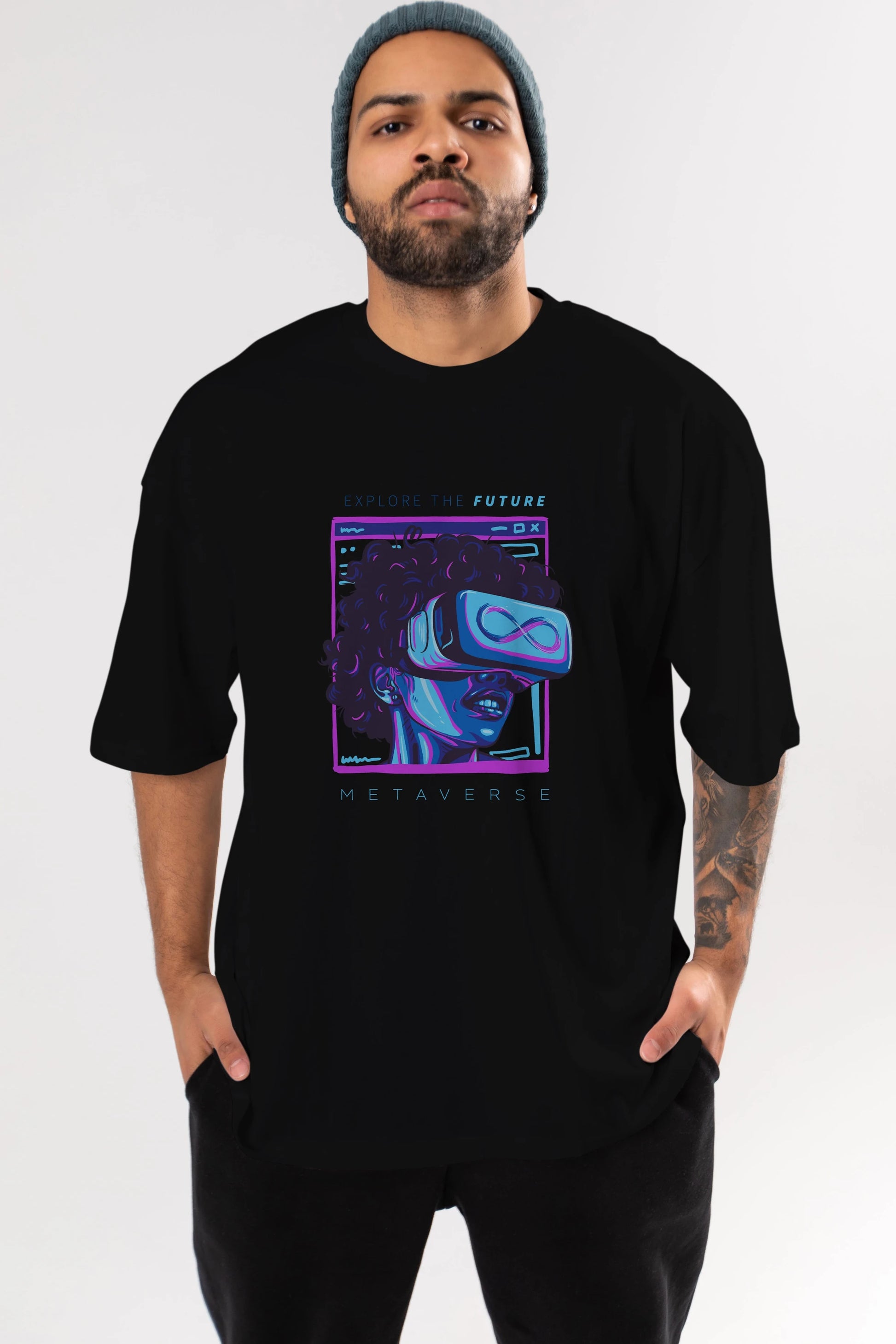 Metaverse Ön Baskılı Oversize t-shirt Erkek Kadın Unisex