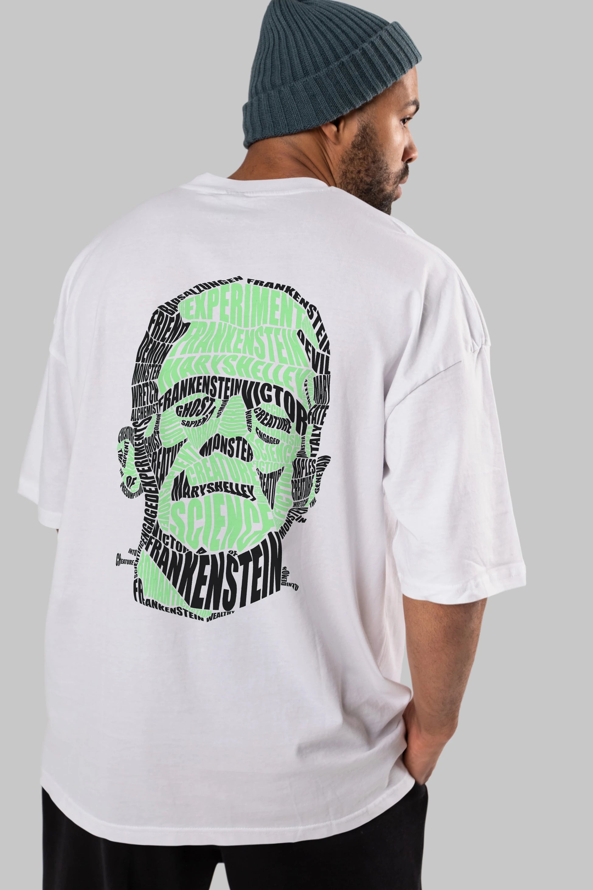 Frankenstein Calligram Arka Baskılı Oversize t-shirt %100 pamuk Erkek Kadın Unisex