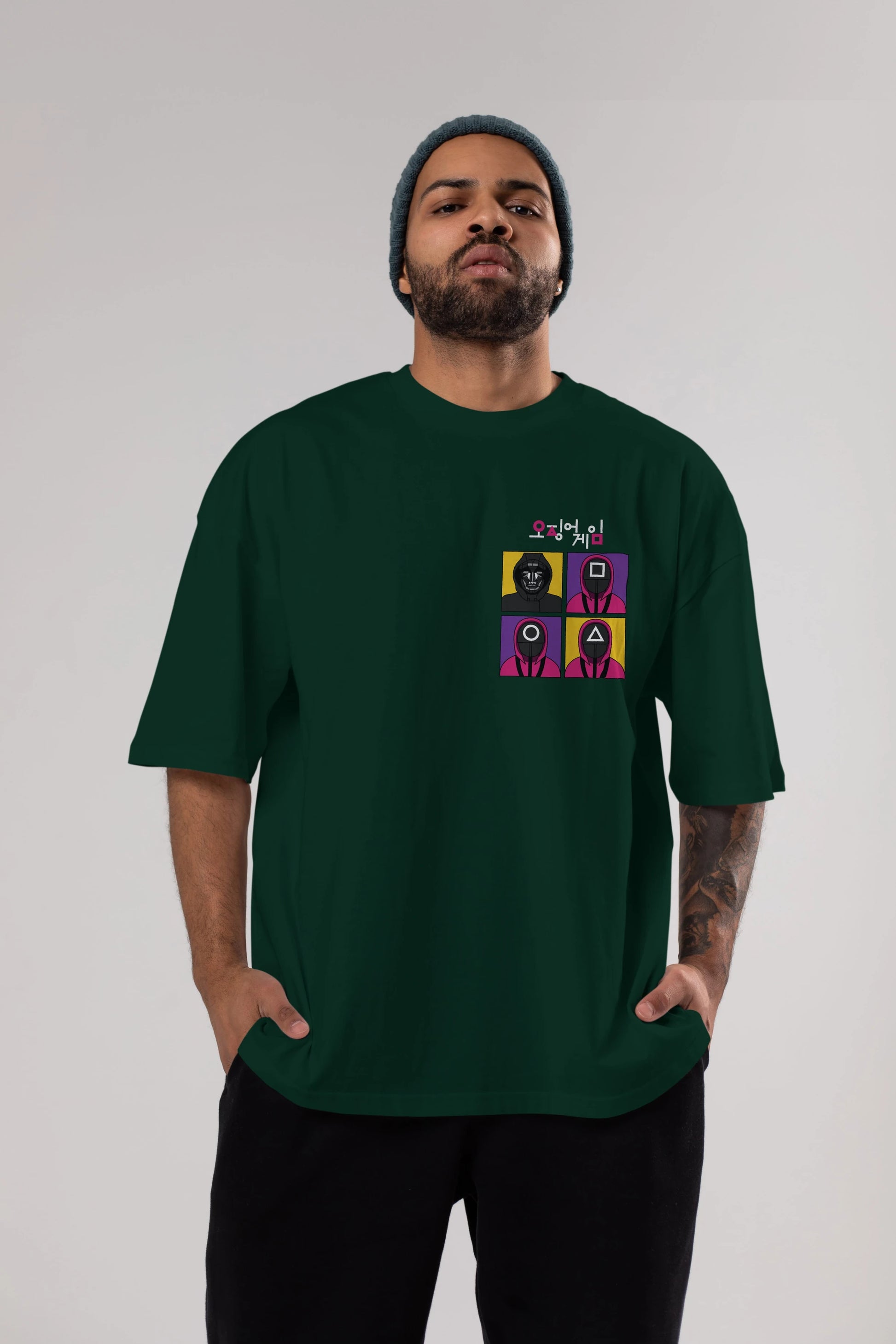 Squid Game (1) Ön Sol Baskılı Oversize t-shirt Erkek Kadın Unisex %100 Pamuk Bisiklet Yaka tişort
