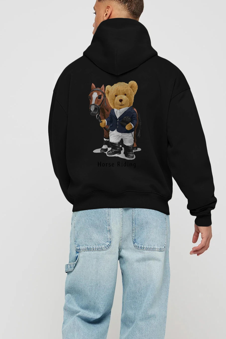 Teddy Bear Horse Riding Arka Baskılı Hoodie Oversize Kapüşonlu Sweatshirt Erkek Kadın Unisex