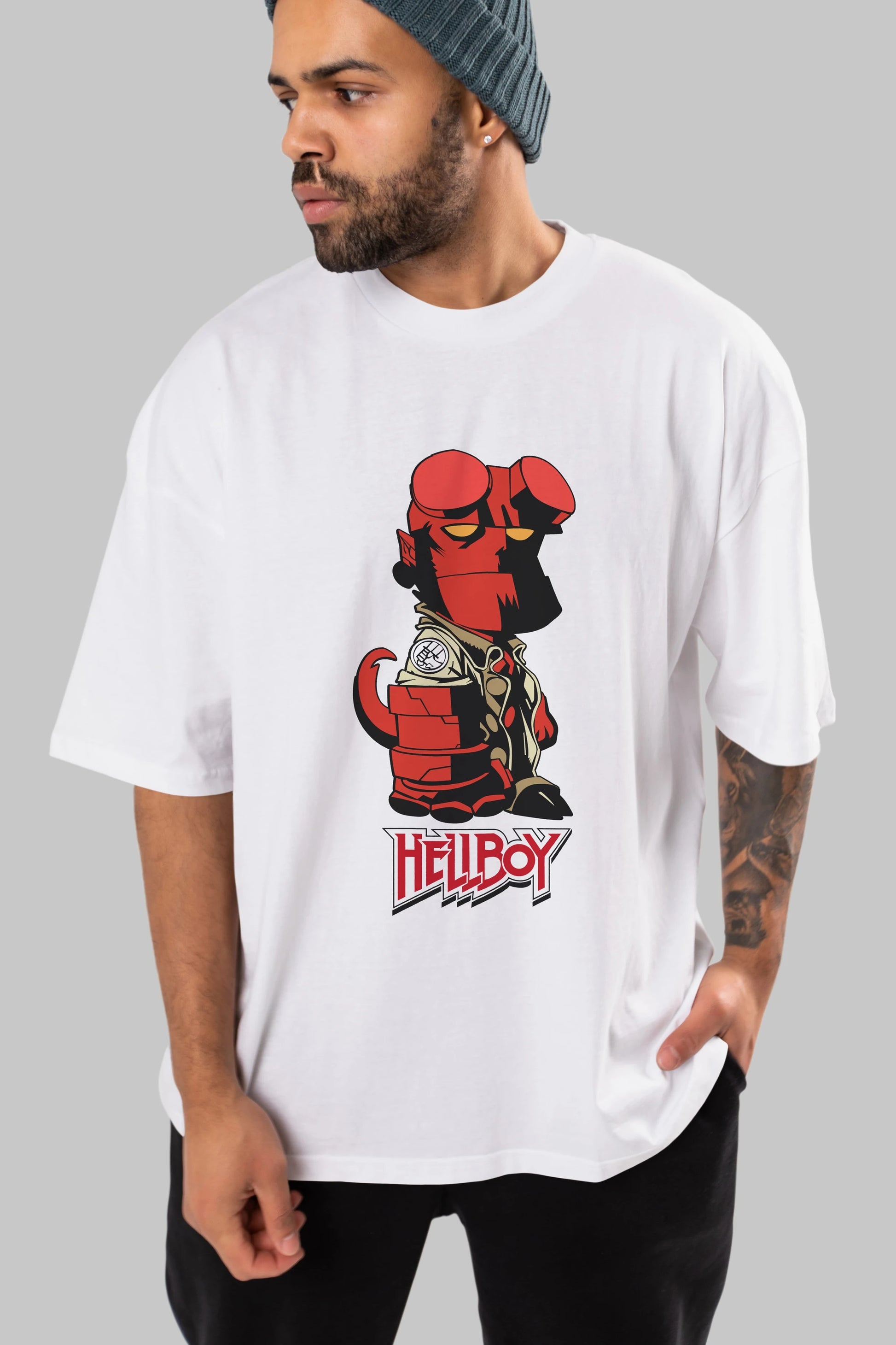 Hellboy (1) Ön Baskılı Oversize t-shirt Erkek Kadın Unisex %100 Pamuk Bisiklet Yaka tişort