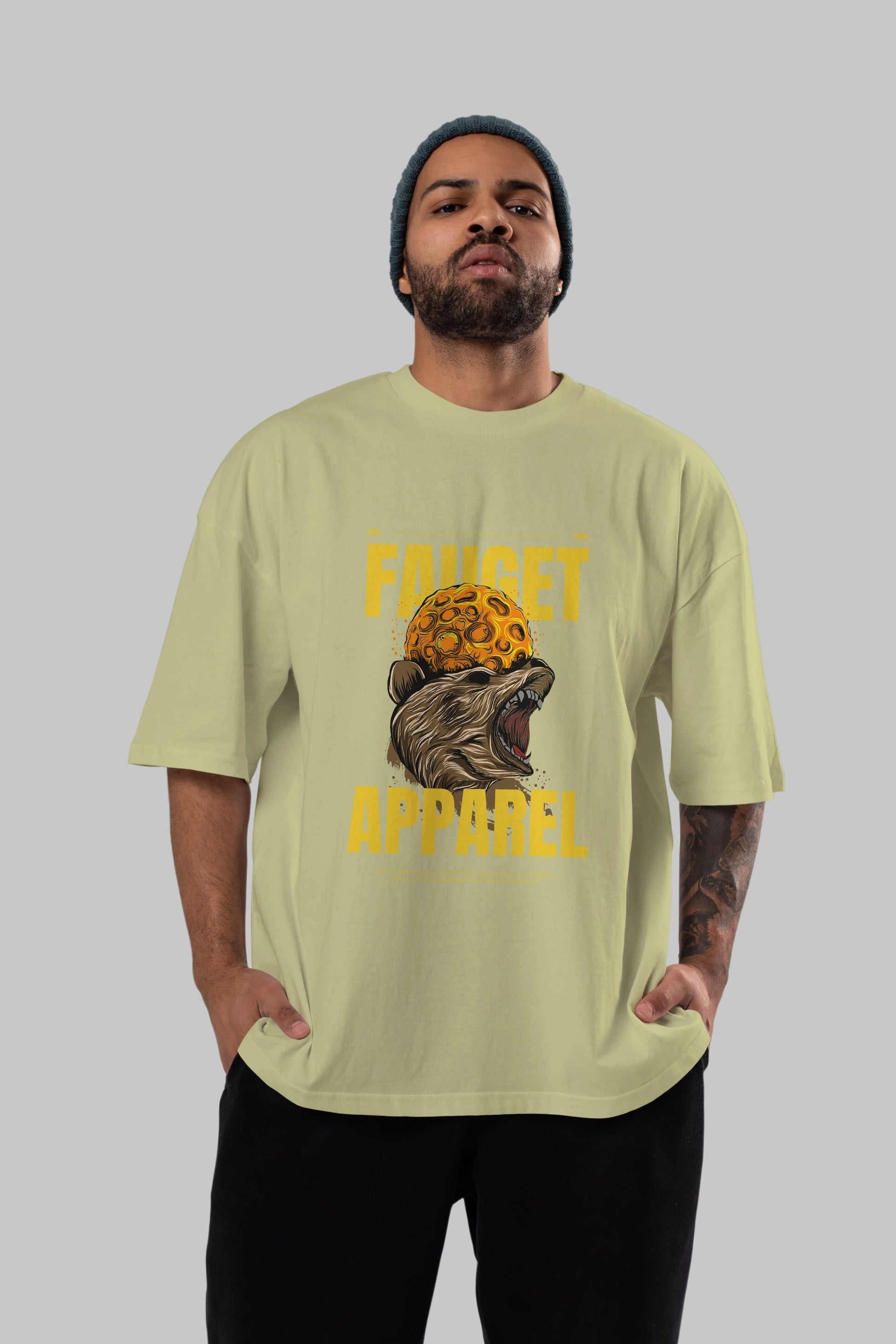 Bear Angry Fauget Apparel Ön Baskılı Oversize t-shirt Erkek Kadın Unisex
