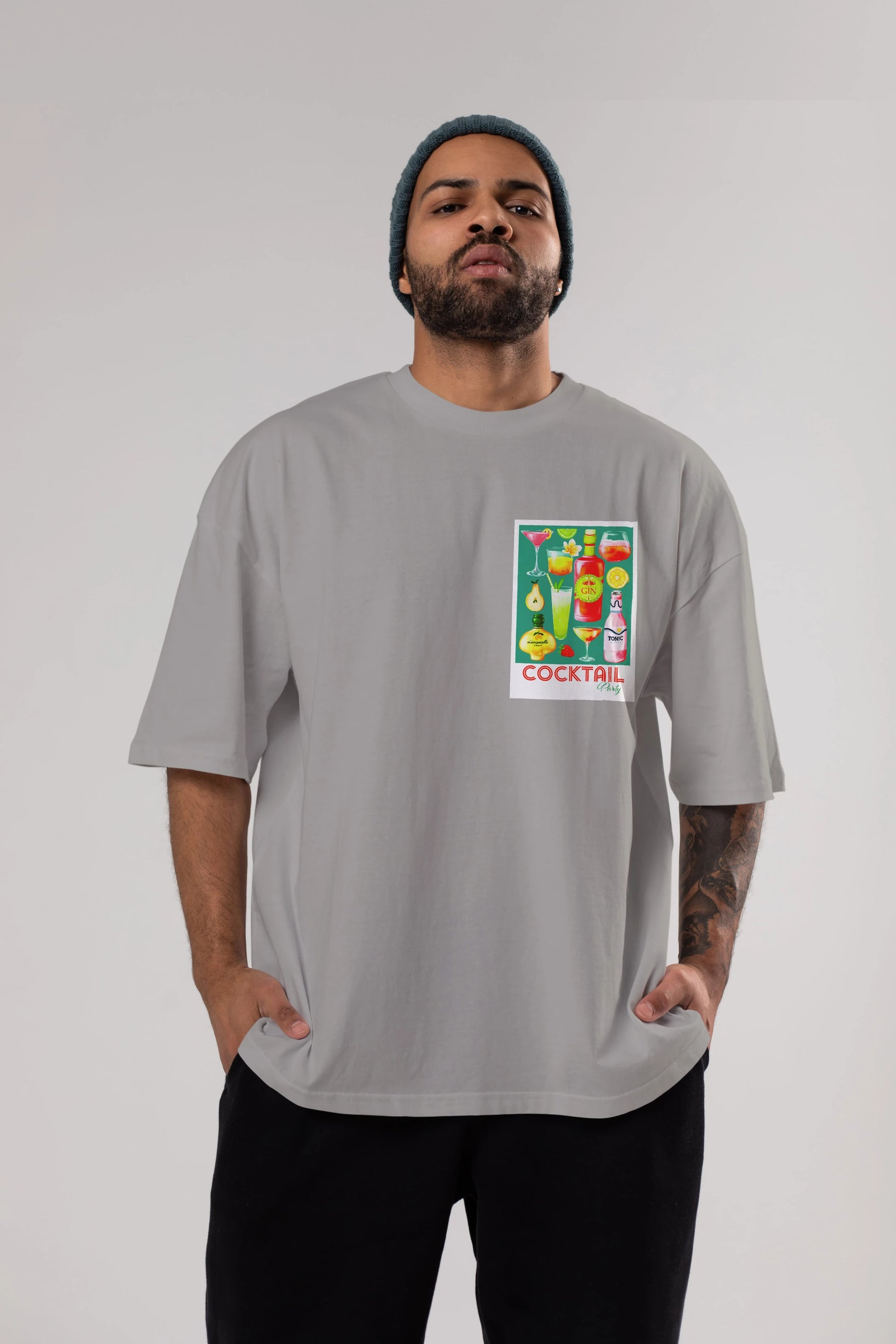 Cocktail Party 2 Ön Sol Baskılı Oversize t-shirt Erkek Kadın Unisex %100 Pamuk Bisiklet Yaka tişort