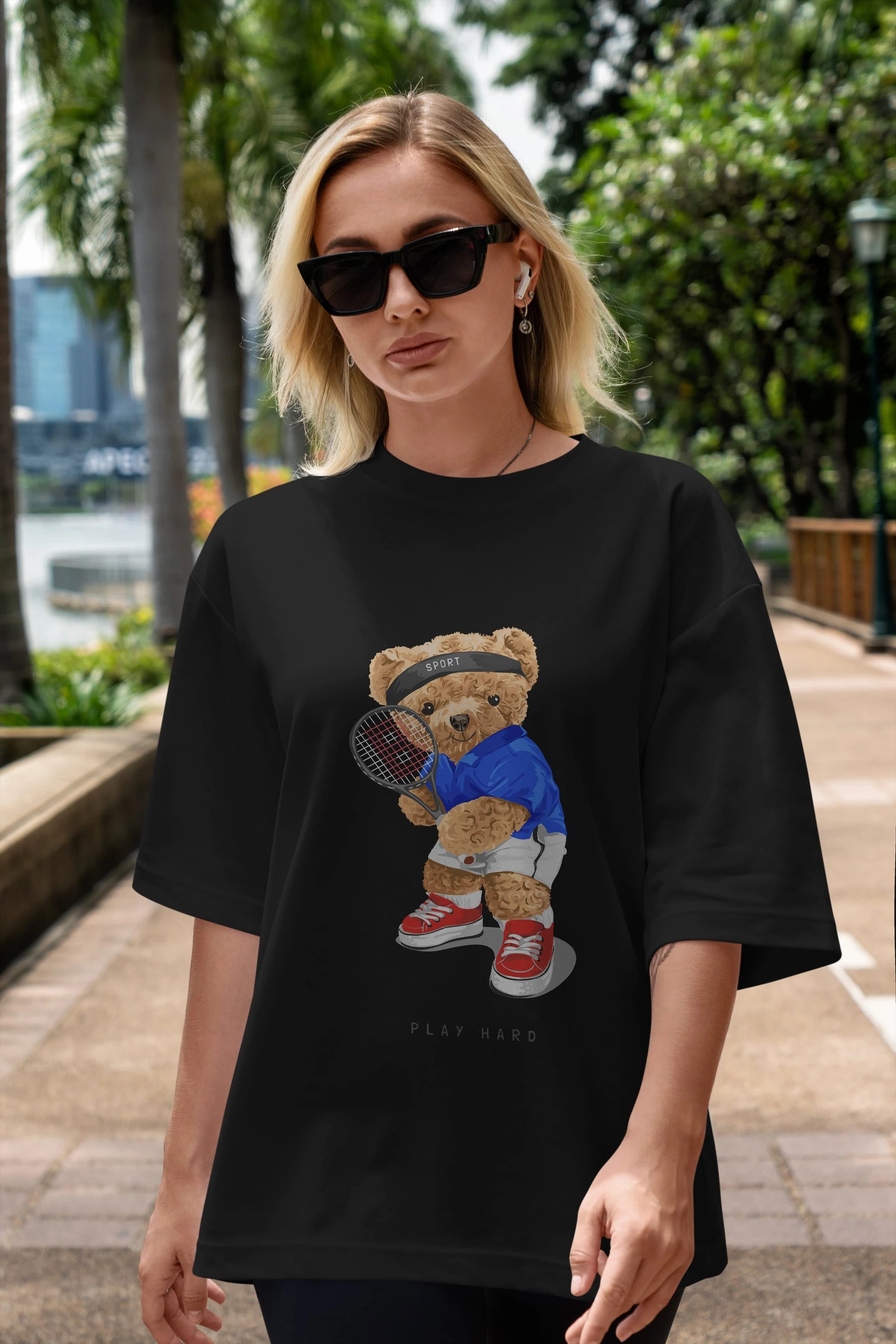 Teddy Bear Play Hard Ön Baskılı Oversize t-shirt Erkek Kadın Unisex %100 Pamuk
