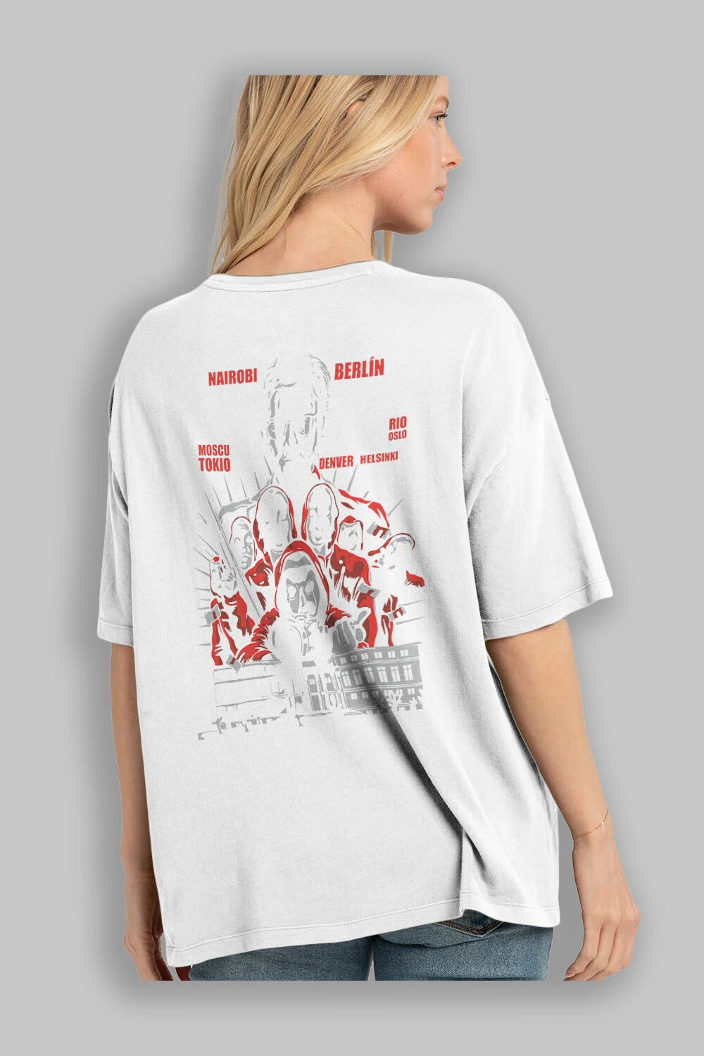 La Casa De Papel (2) Arka Baskılı Oversize t-shirt Erkek Kadın Unisex %100 Pamuk Bisiklet Yaka tişort