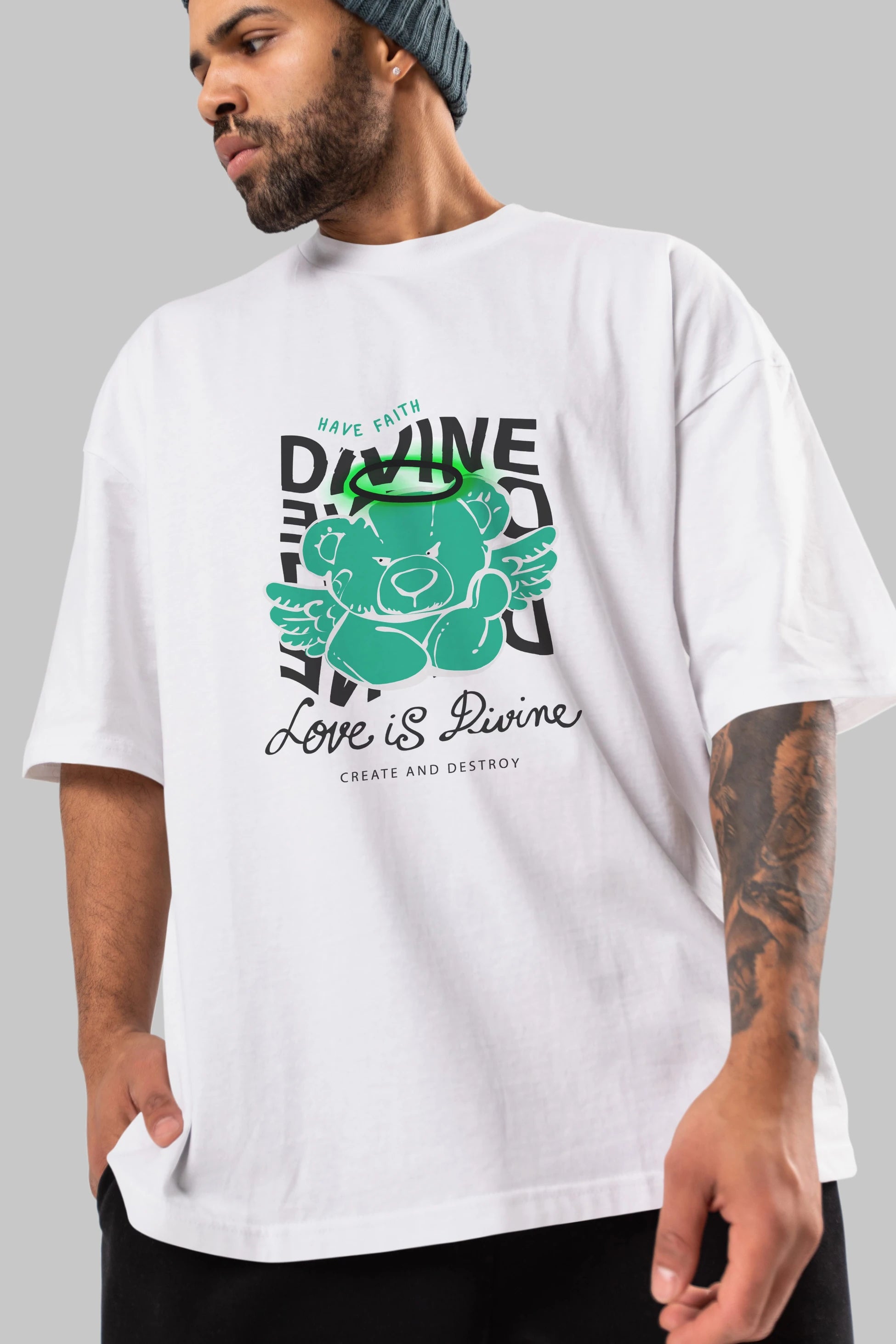 Love is Divine Bear Ön Baskılı Oversize t-shirt Erkek Kadın Unisex