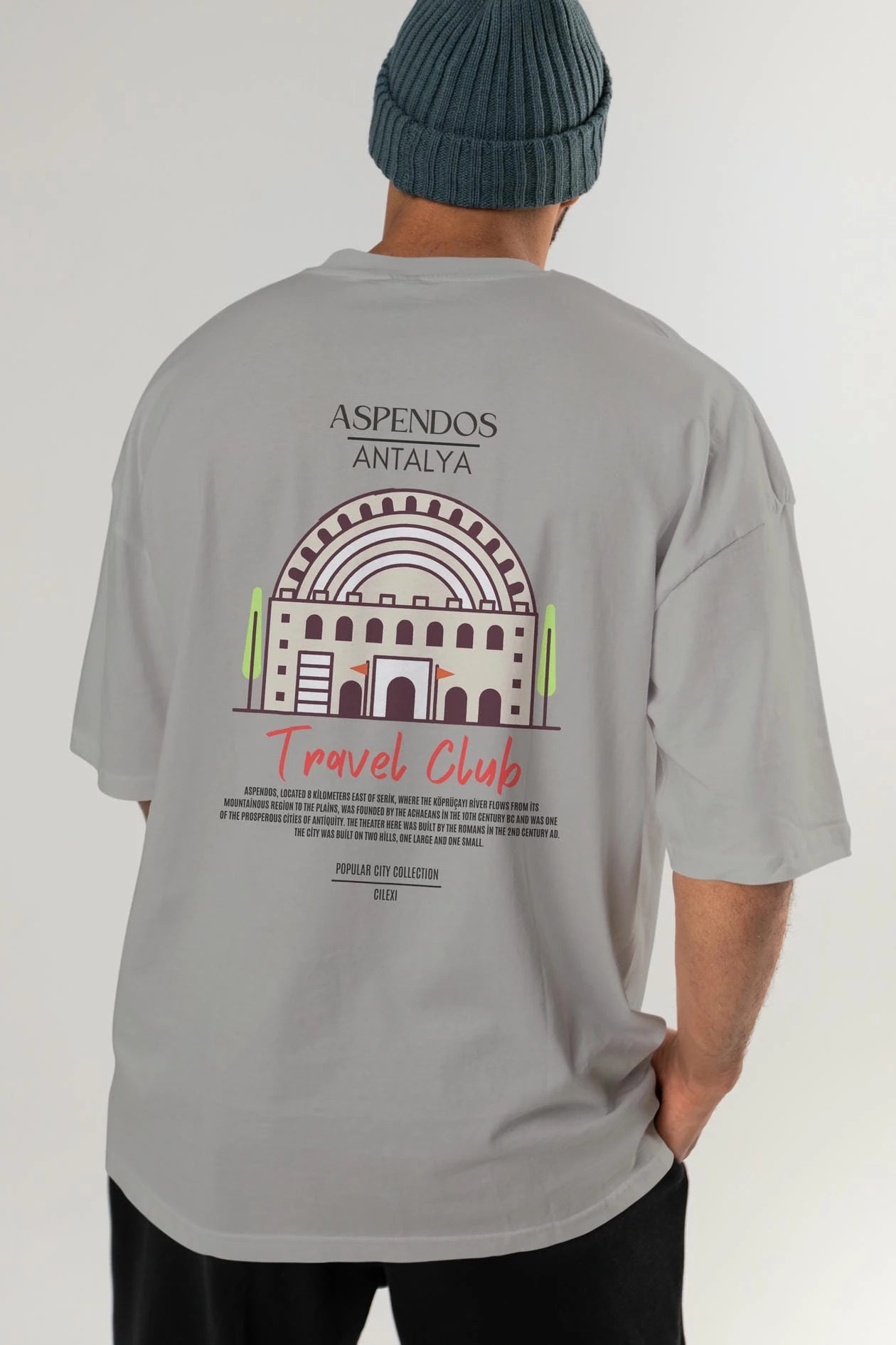 Aspendos Antalya Arka Baskılı Oversize t-shirt Erkek Kadın Pamuk Bisiklet Yaka tişort