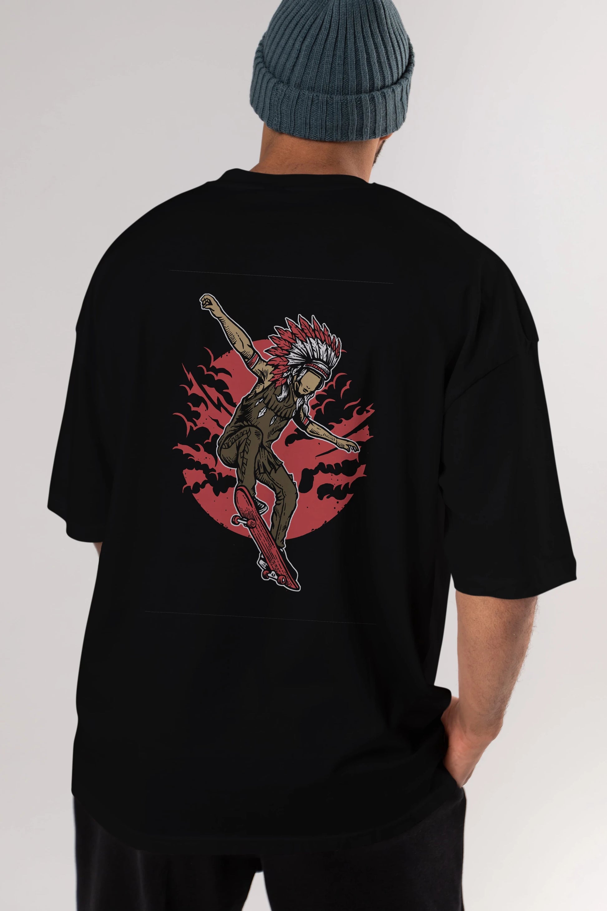 Indian Chief Skateboard Arka Baskılı Oversize t-shirt Erkek Kadın Unisex %100 Pamuk
