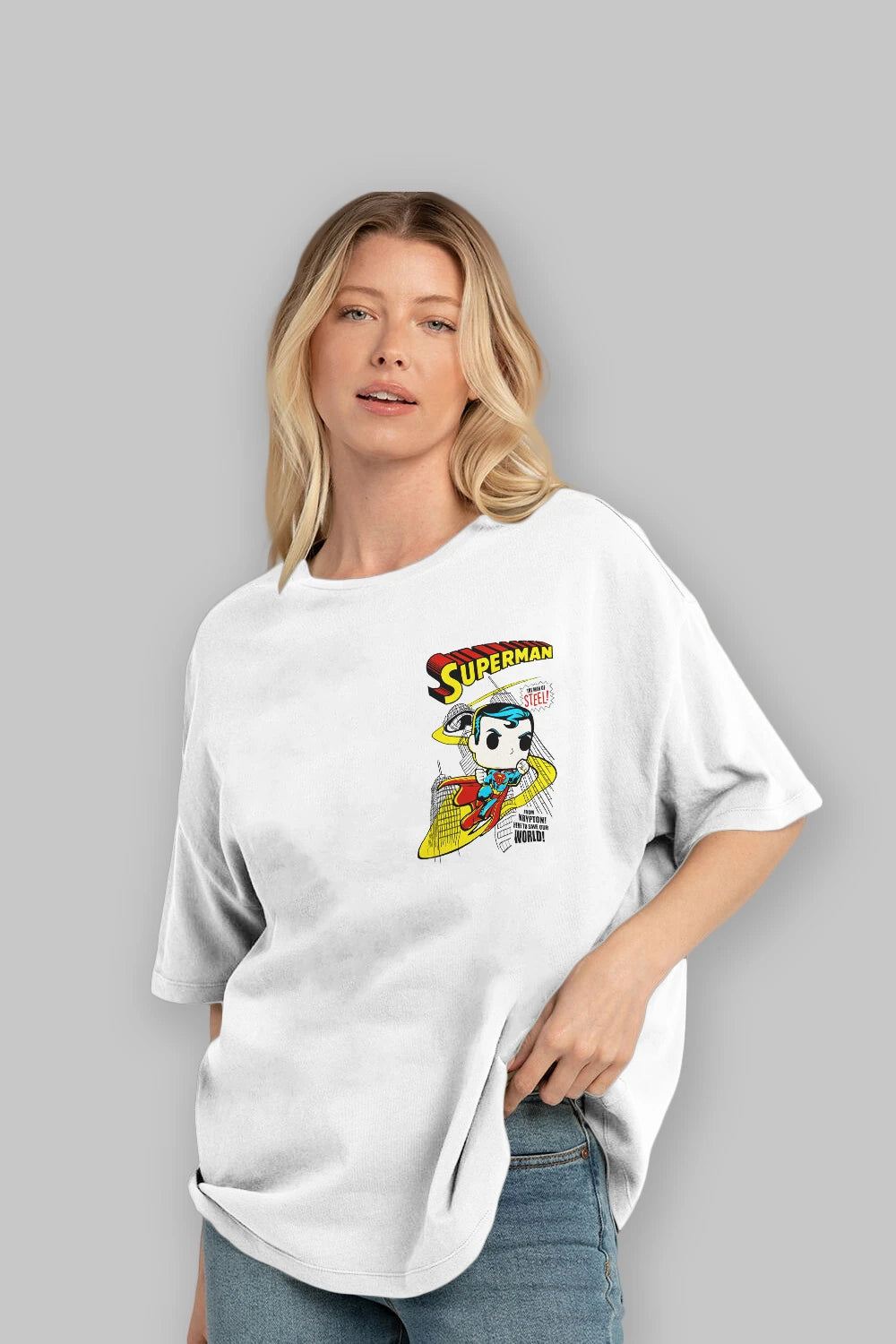 Superman (2) Ön Sol Baskılı Oversize t-shirt Erkek Kadın Unisex %100 Pamuk Bisiklet Yaka tişort