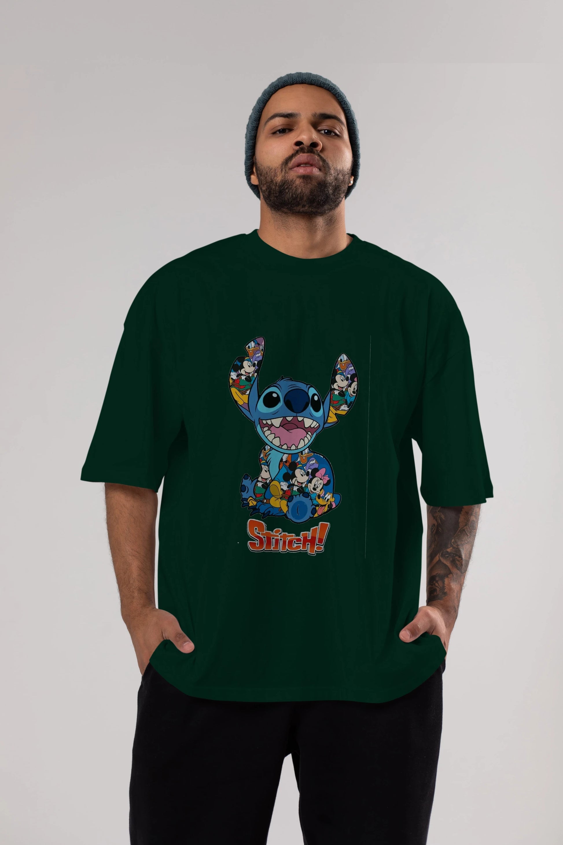 Stitch Ön Baskılı Oversize t-shirt Erkek Kadın Unisex %100 Pamuk Bisiklet Yaka tişort