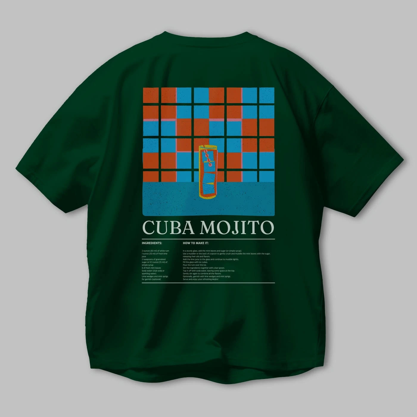Cuba Mojıto Kokteyl Serisi Arka Baskılı Oversize t-shirt Erkek Kadın %100 Pamuk Bisiklet Yaka tişort