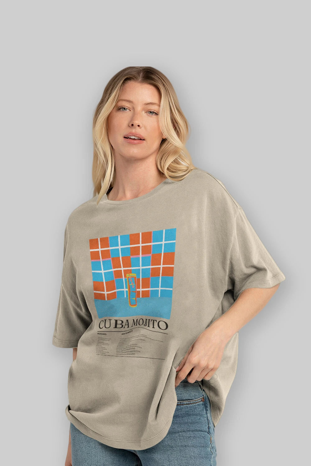 Cuba Mojito Kokteyl Ön Baskılı Oversize t-shirt Erkek Kadın %100 Pamuk Bisiklet Yaka tişort