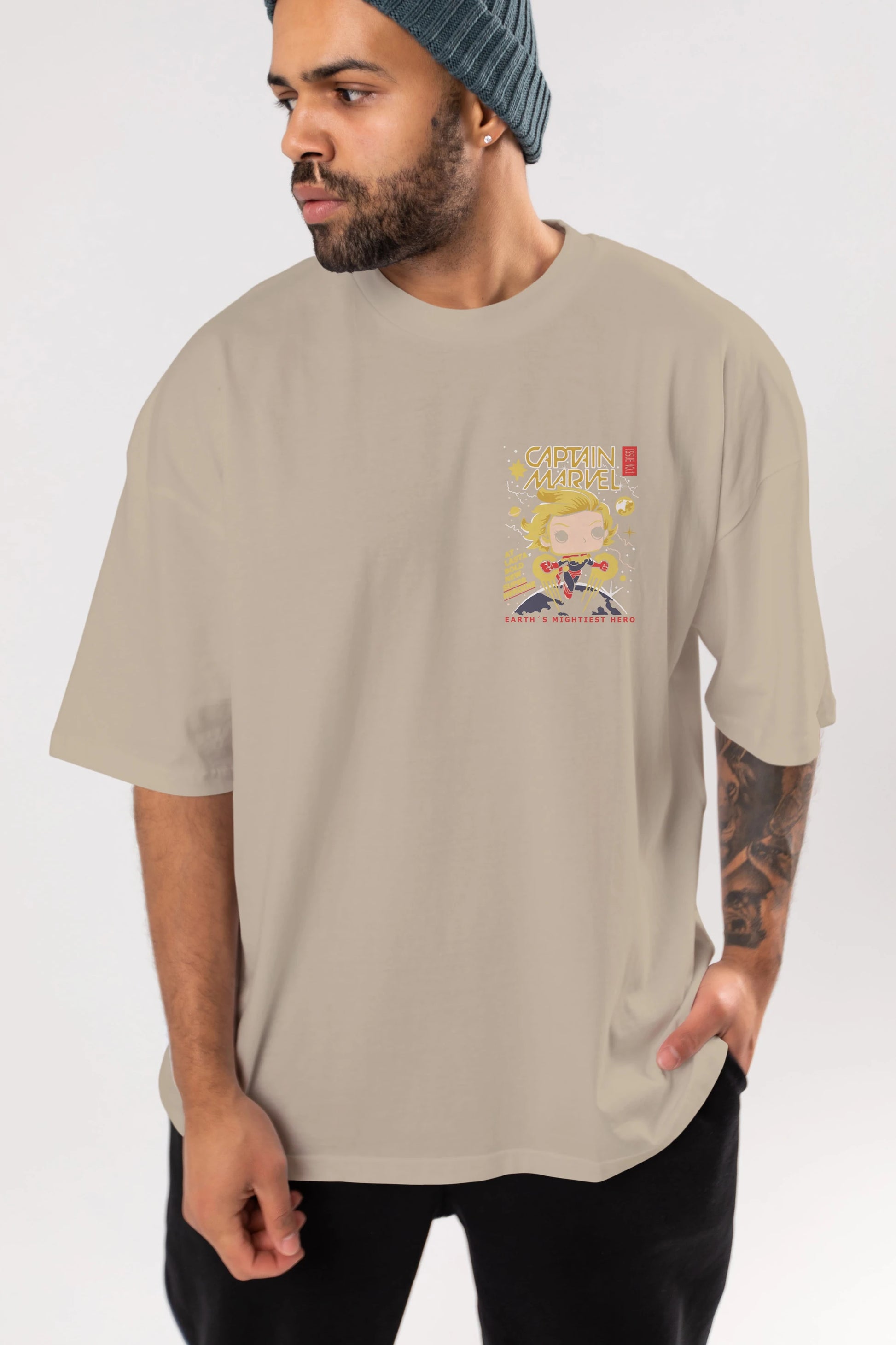 Captain Marvel Ön Sol Baskılı Oversize t-shirt Erkek Kadın Unisex %100 Pamuk Bisiklet Yaka tişort