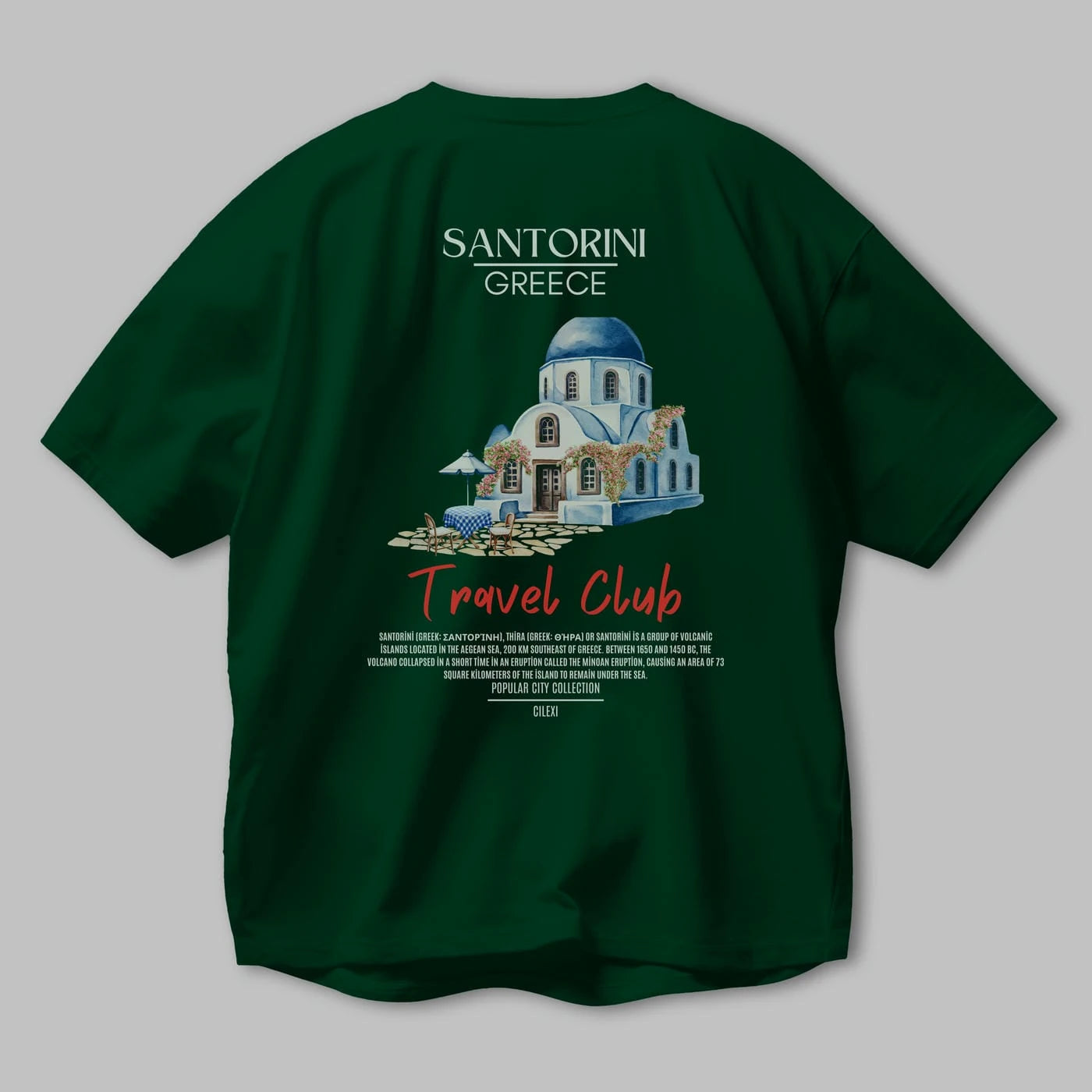 Santorini Greece Arka Baskılı Oversize t-shirt Erkek Kadın Pamuk Bisiklet Yaka tişort