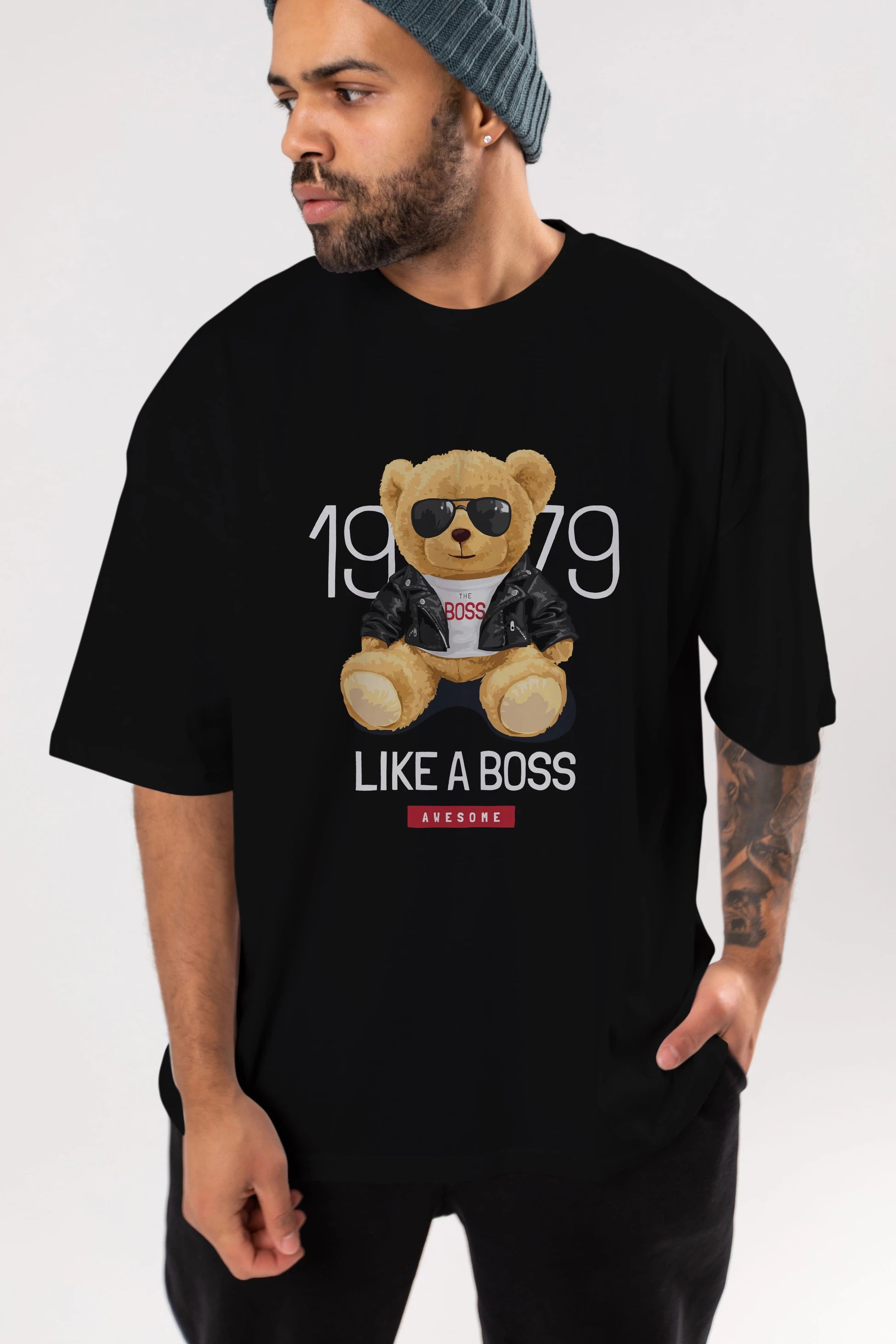 Teddy Bear Like A Boss Ön Baskılı Oversize t-shirt Erkek Kadın Unisex %100 Pamuk
