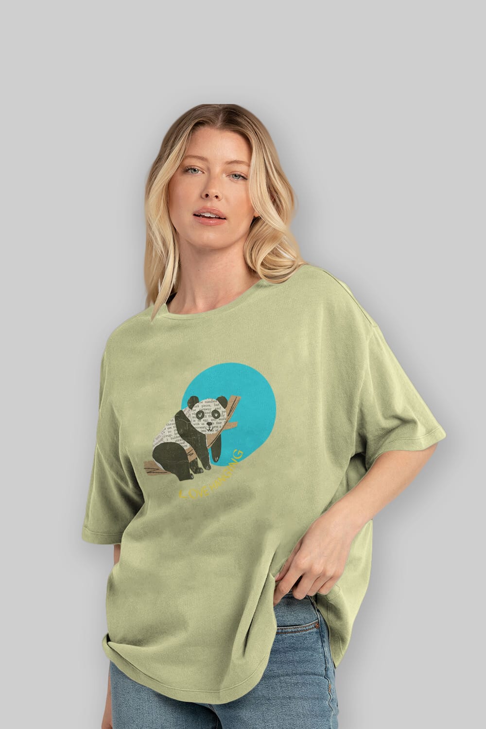 Panda Love Hanging Ön Baskılı Oversize t-shirt Erkek Kadın Unisex