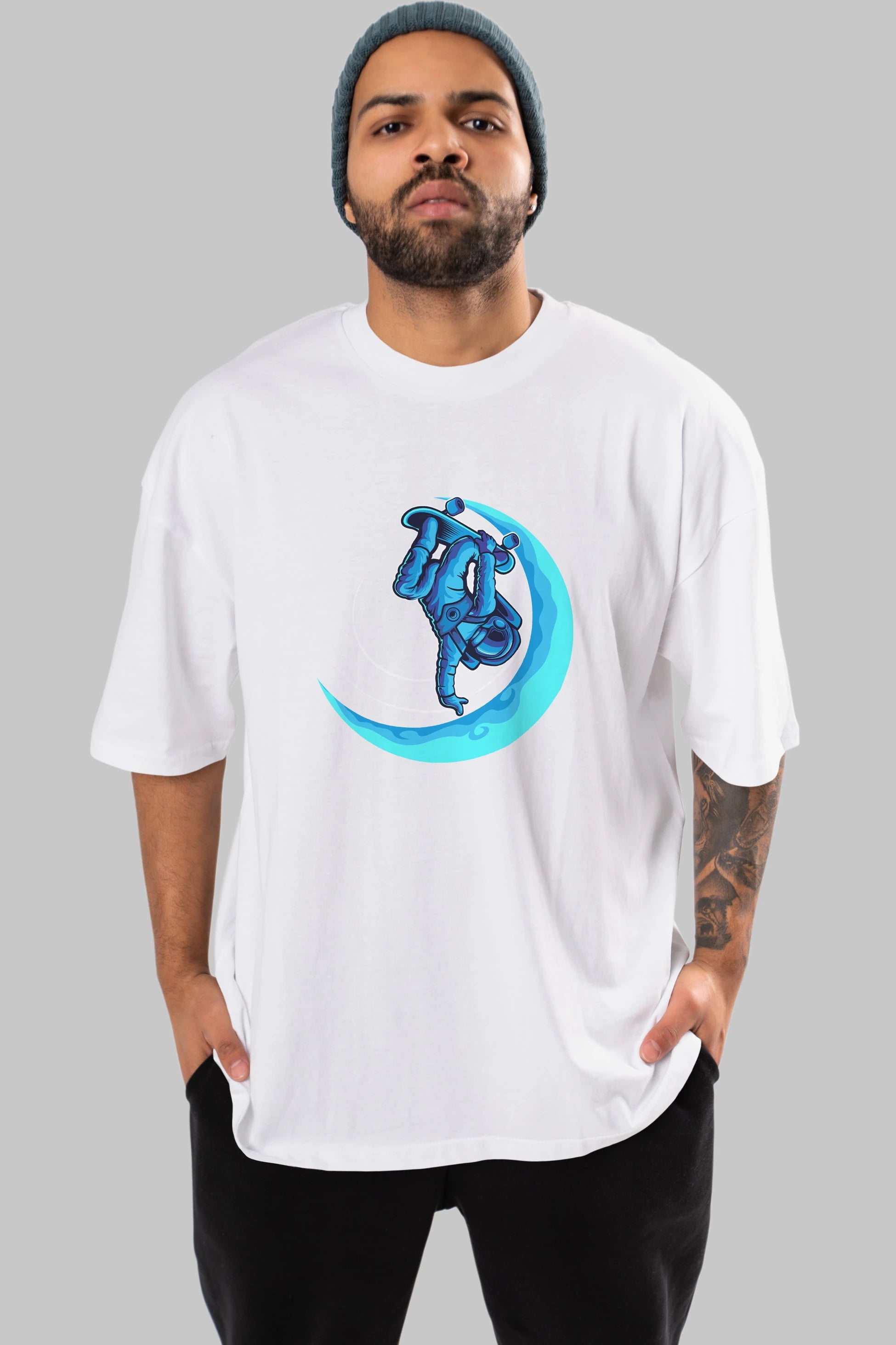 Skating on the moon Ön Baskılı Oversize t-shirt Erkek Kadın Unisex