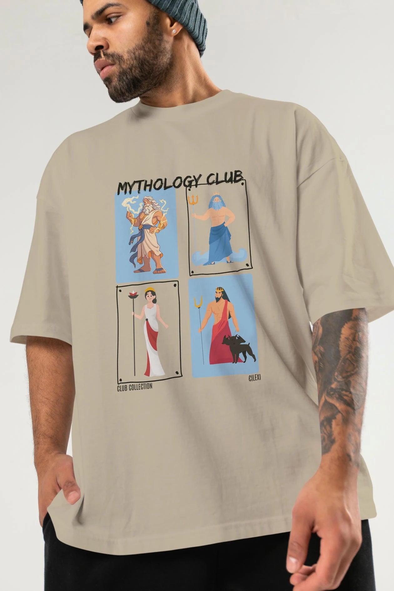 Mythology Club 2 ön Baskılı Oversize t-shirt Erkek Kadın %100 Pamuk Bisiklet Yaka tişort