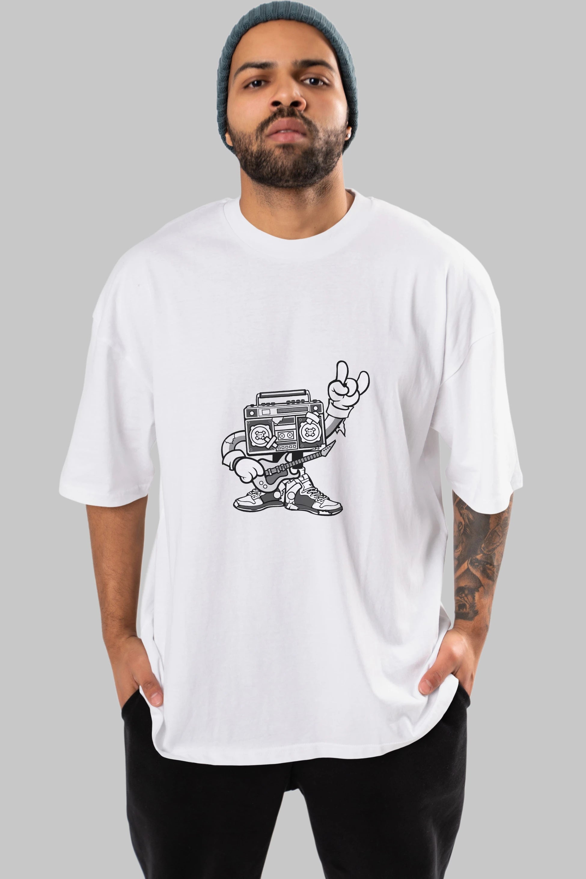 Boombox Rockstar Ön Baskılı Oversize t-shirt Erkek Kadın Unisex %100 Pamuk tişort