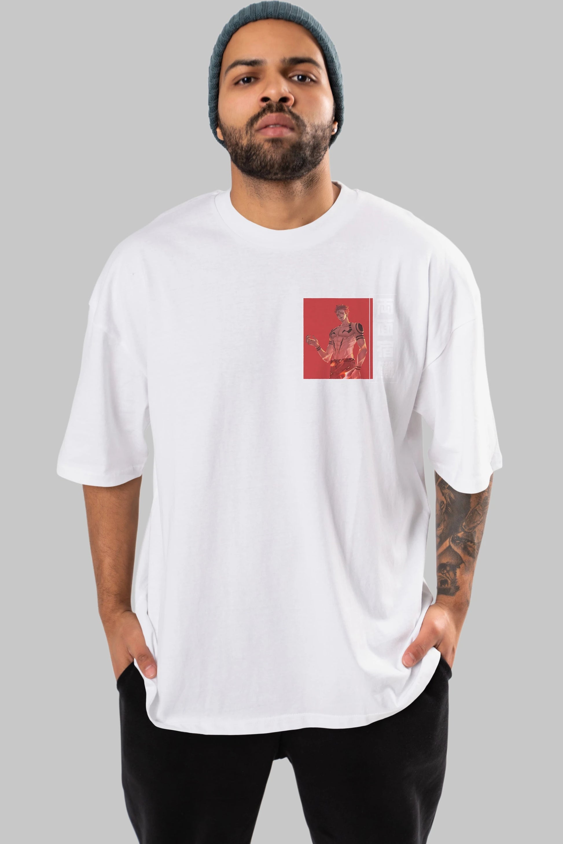 Sukuna Ryoumen 3 Ön Sol Baskılı Oversize t-shirt Erkek Kadın Unisex %100 Pamuk Bisiklet Yaka tişort