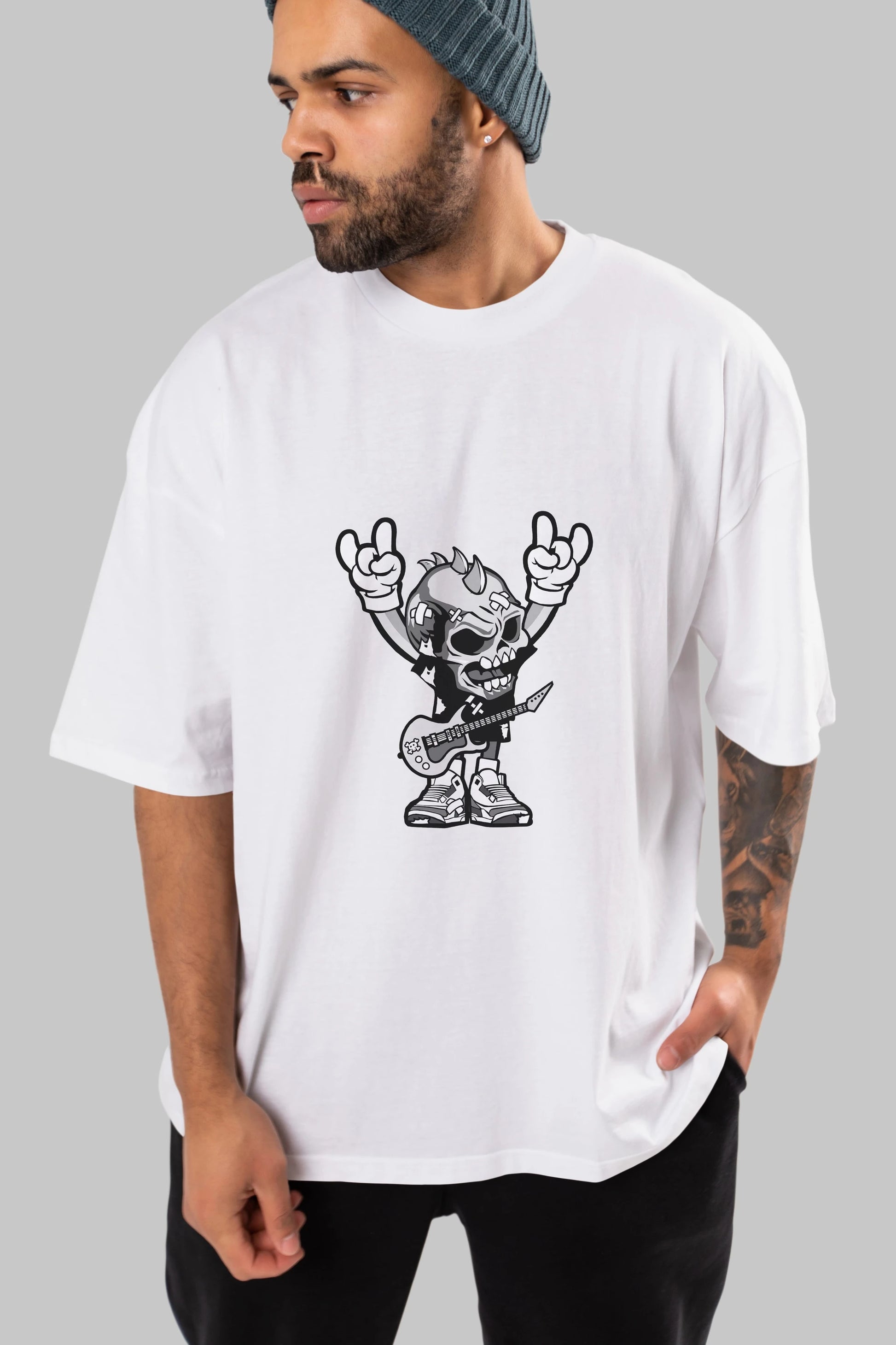 Punk Rock Skull Ön Baskılı Oversize t-shirt Erkek Kadın Unisex %100 Pamuk tişort