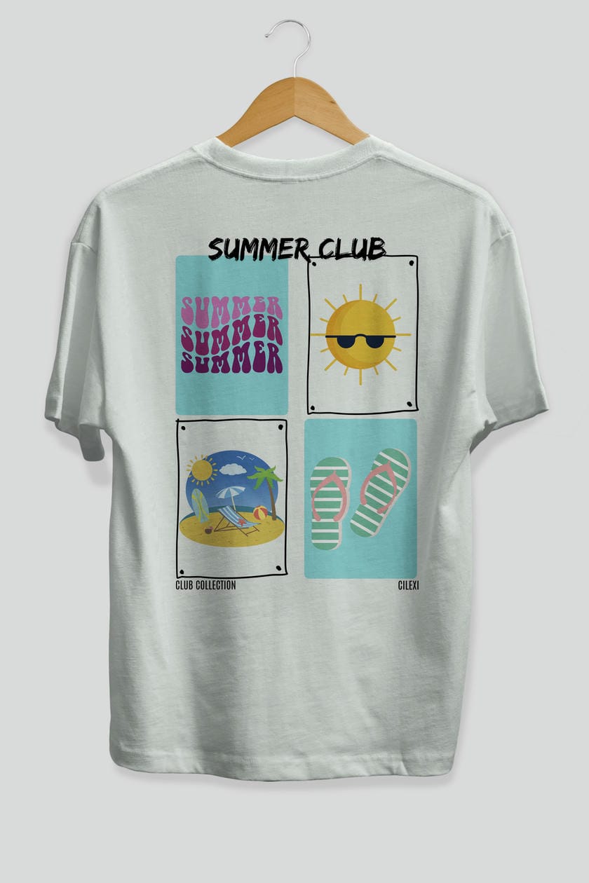 Summer Club Arka Baskılı Oversize t-shirt Erkek Kadın %100 Pamuk Bisiklet Yaka tişort