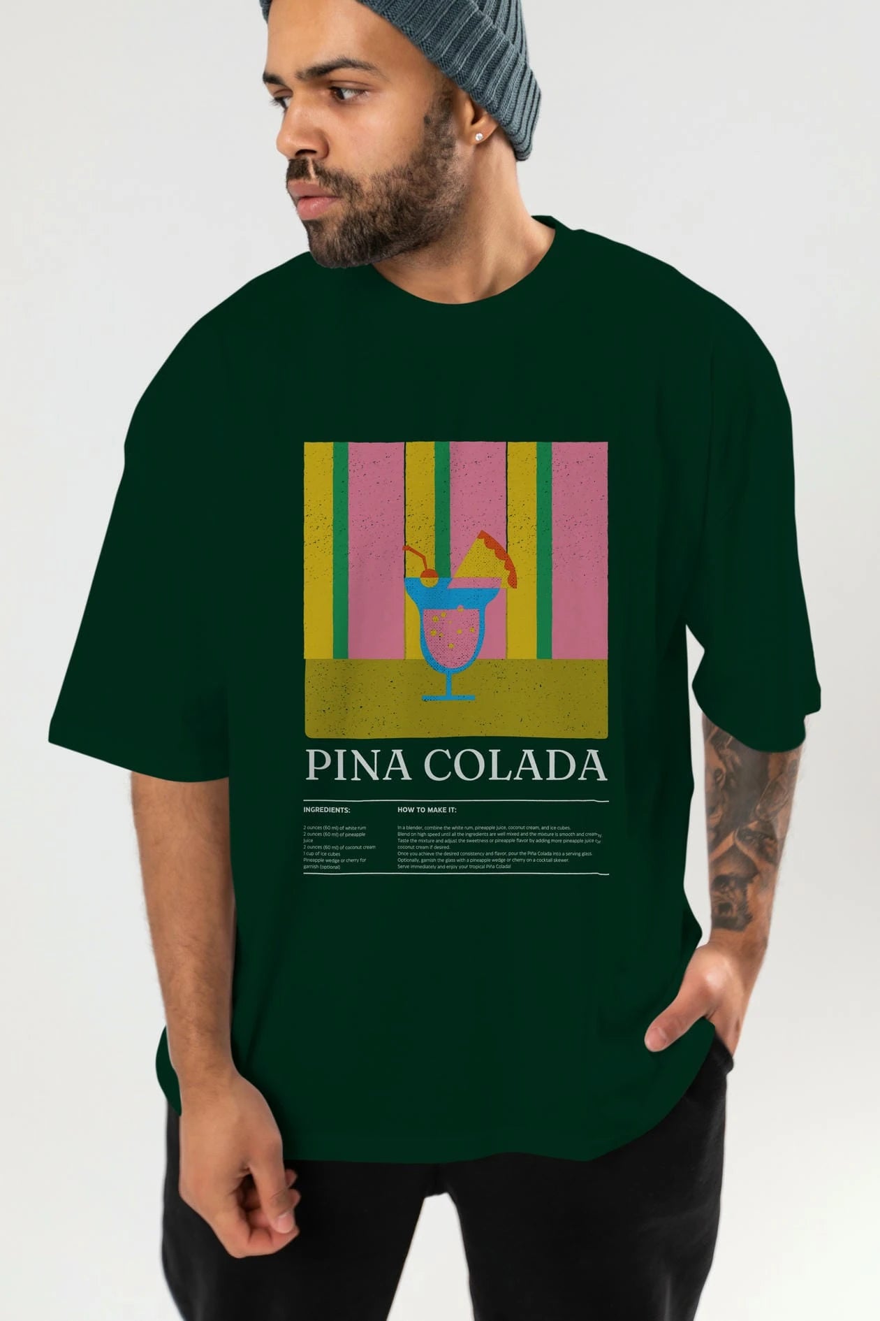 Pina Colada Kokteyl Ön Baskılı Oversize t-shirt Erkek Kadın %100 Pamuk Bisiklet Yaka tişort