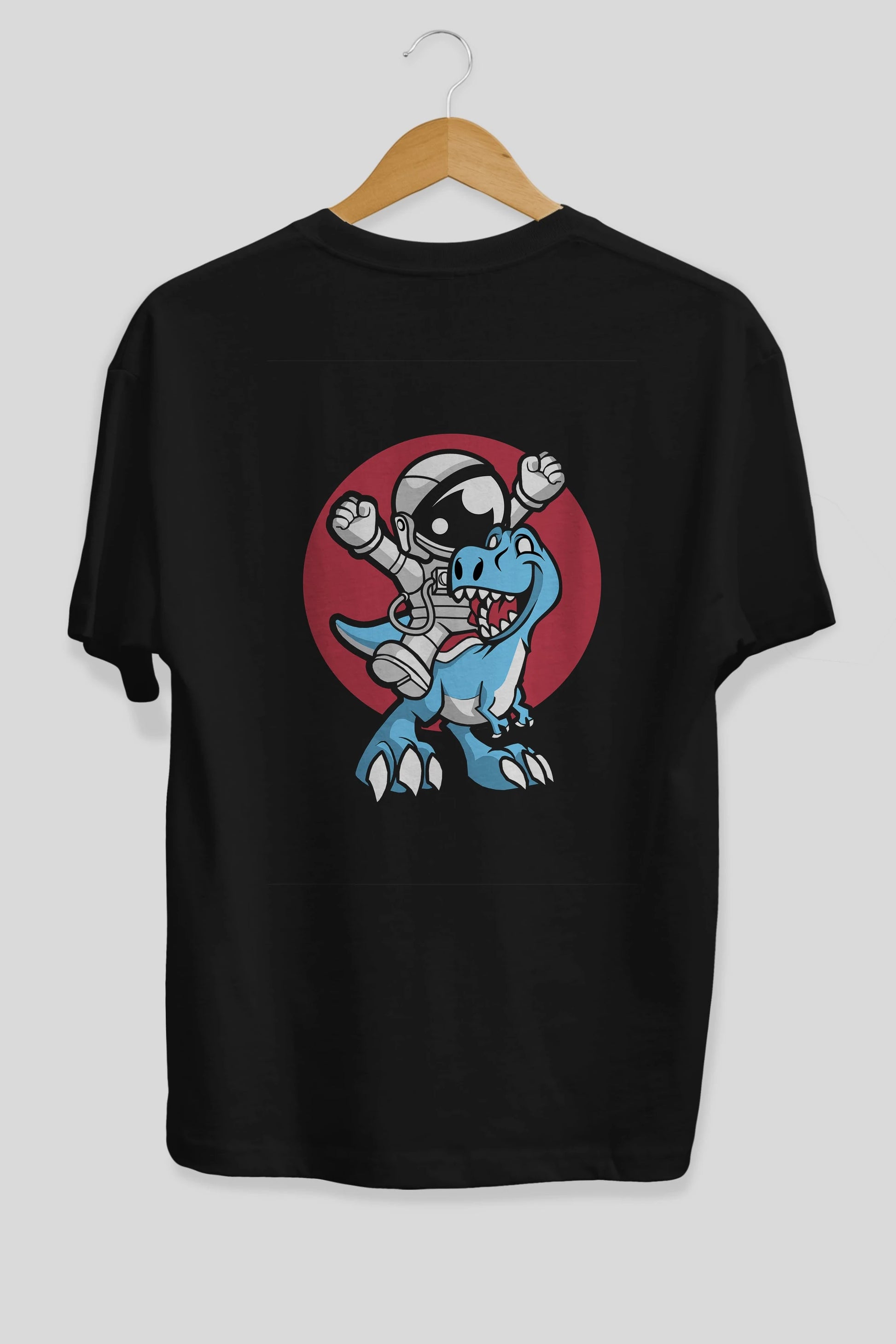 Astronaut Dino Arka Baskılı Oversize t-shirt Erkek Kadın Unisex %100 Pamuk tişort