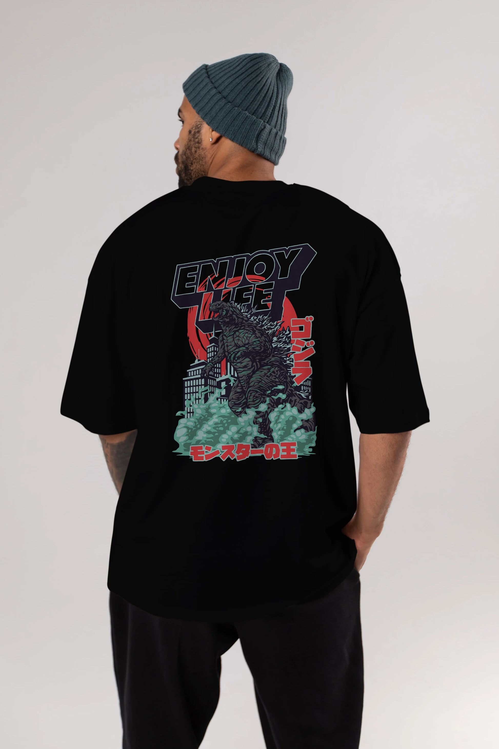 Godzilla Arka Baskılı Oversize t-shirt Erkek Kadın Unisex %100 Pamuk Bisiklet Yaka tişort