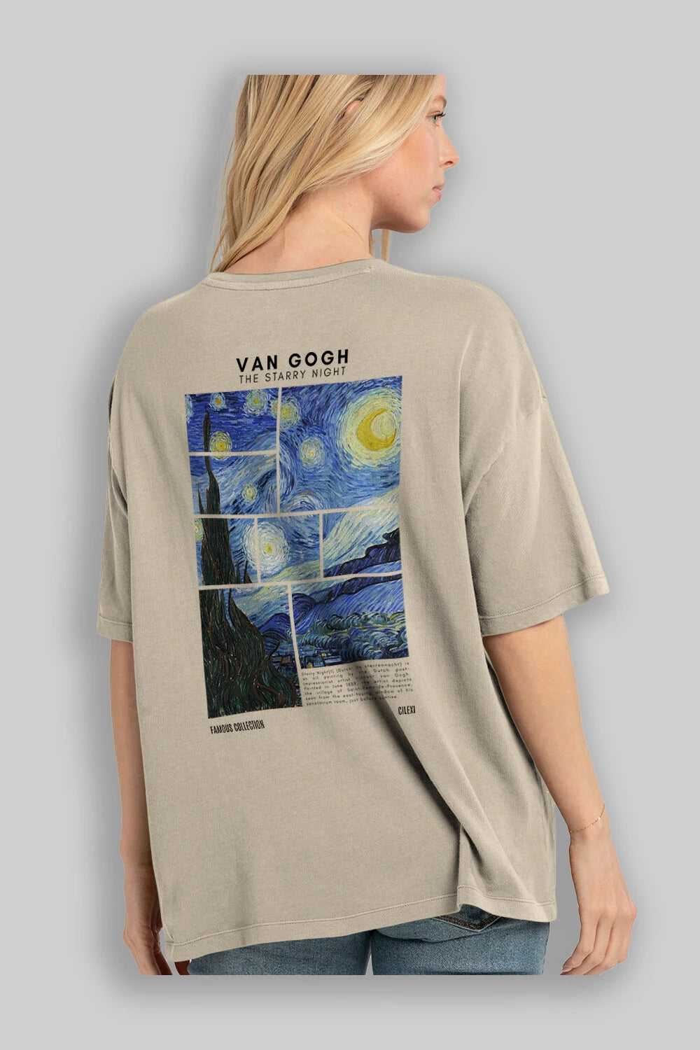 Van Gogh The Starry Night Arka Baskılı Oversize t-shirt Erkek Kadın Bisiklet Yaka Pamuk tişort