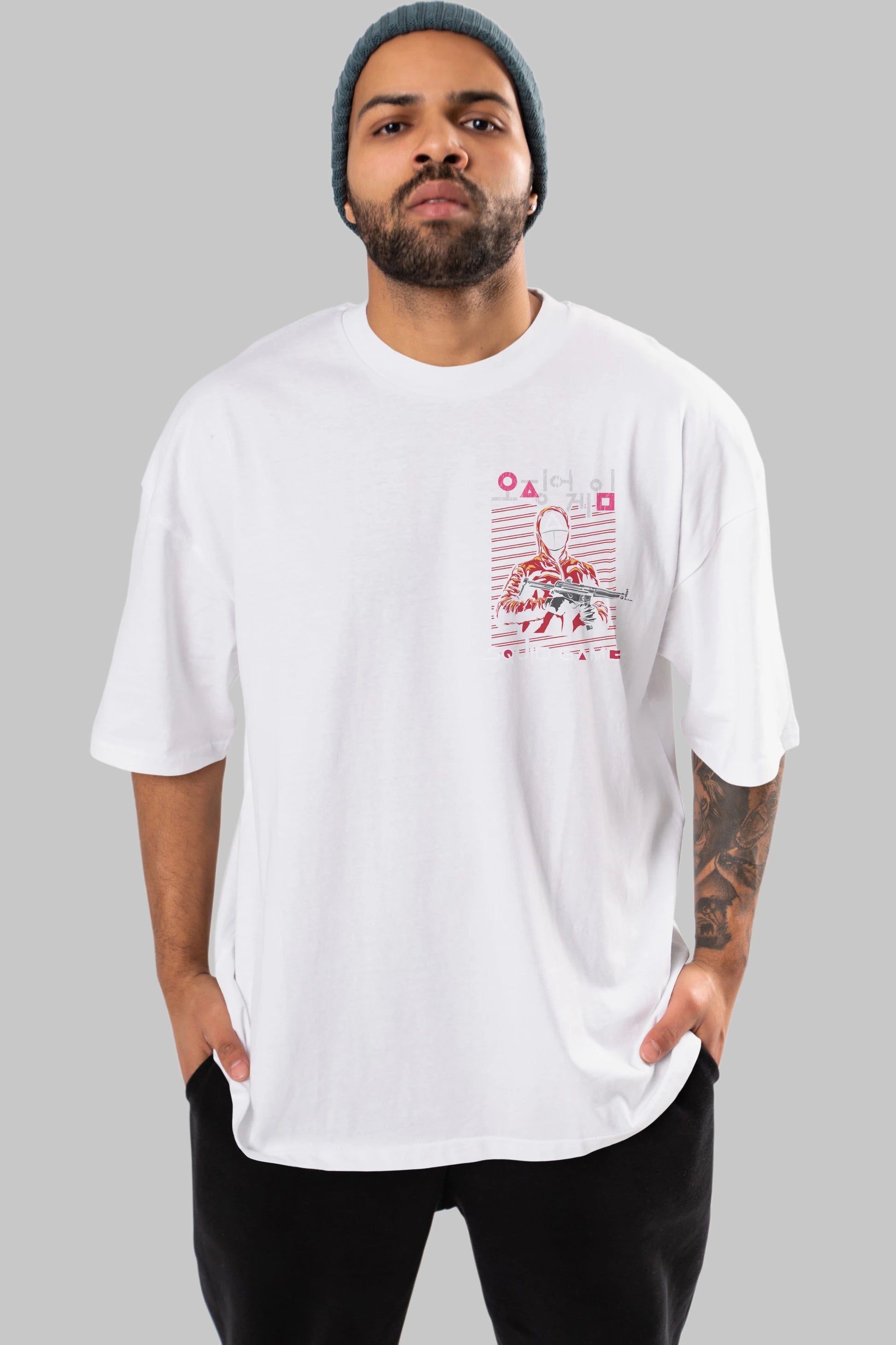 Squid Game (2) Ön Sol Baskılı Oversize t-shirt Erkek Kadın Unisex %100 Pamuk Bisiklet Yaka tişort