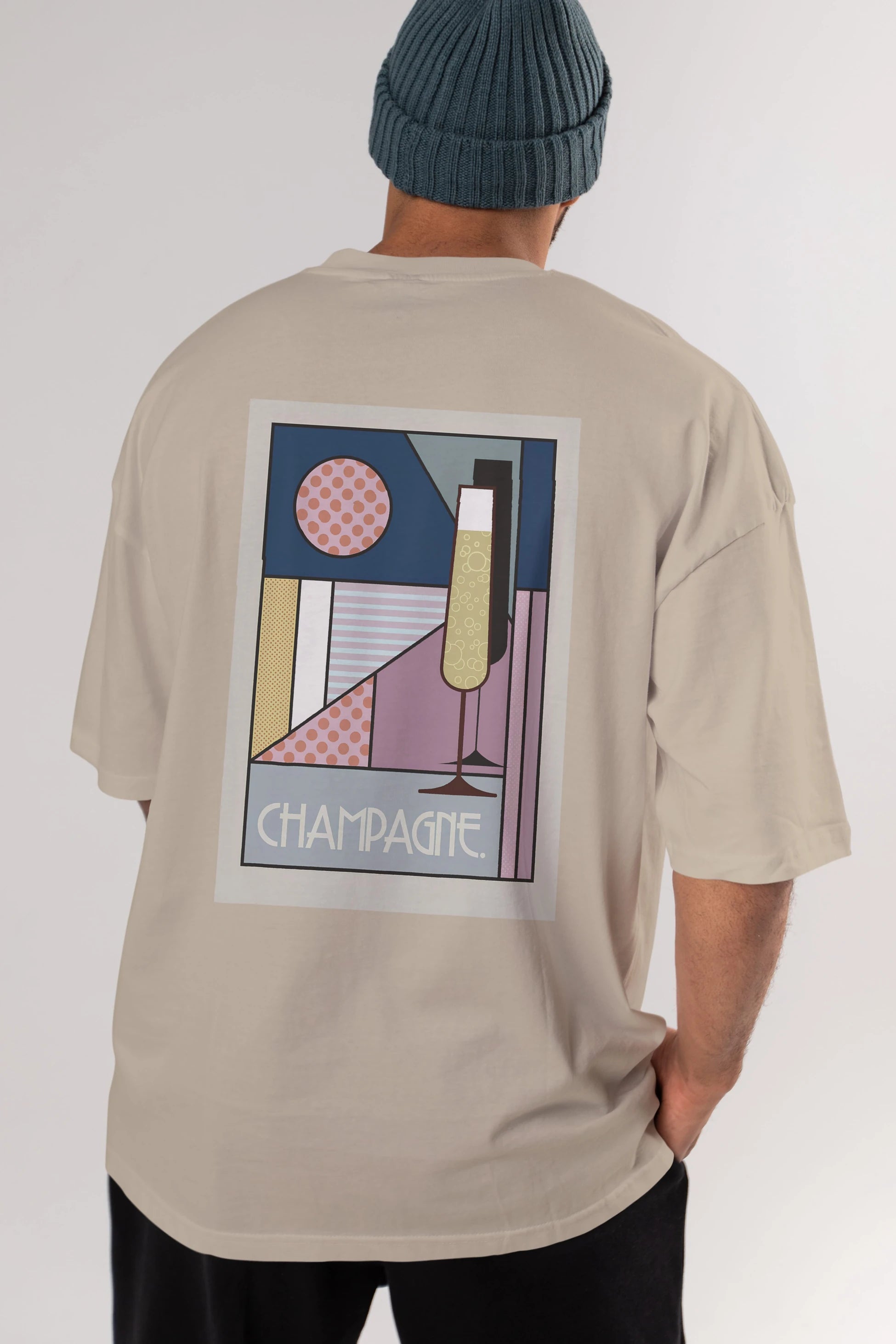 Champagne Arka Baskılı Oversize t-shirt Erkek Kadın Unisex %100 Pamuk Bisiklet Yaka tişort