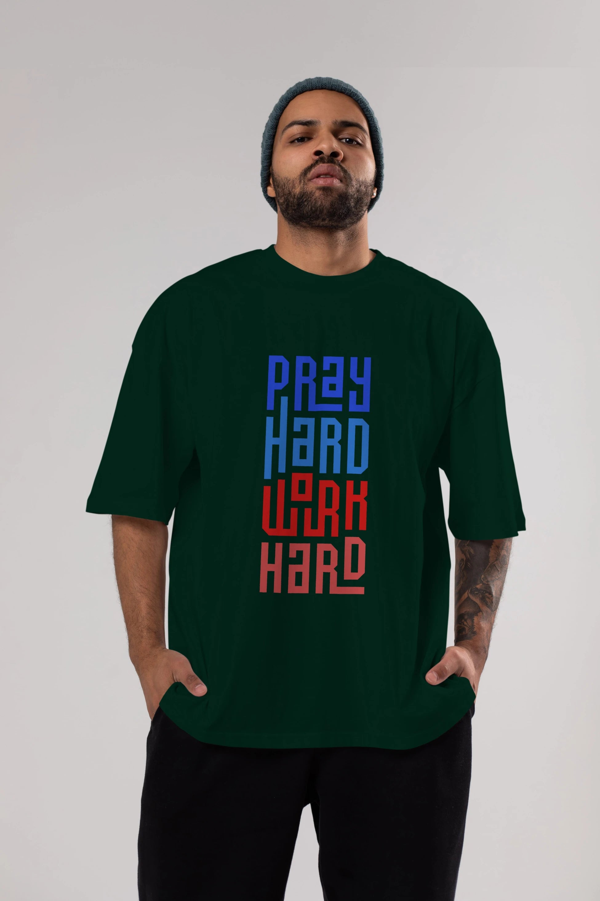 Pray Hard Work Hard Yazılı Ön Baskılı Oversize t-shirt Erkek Kadın Unisex