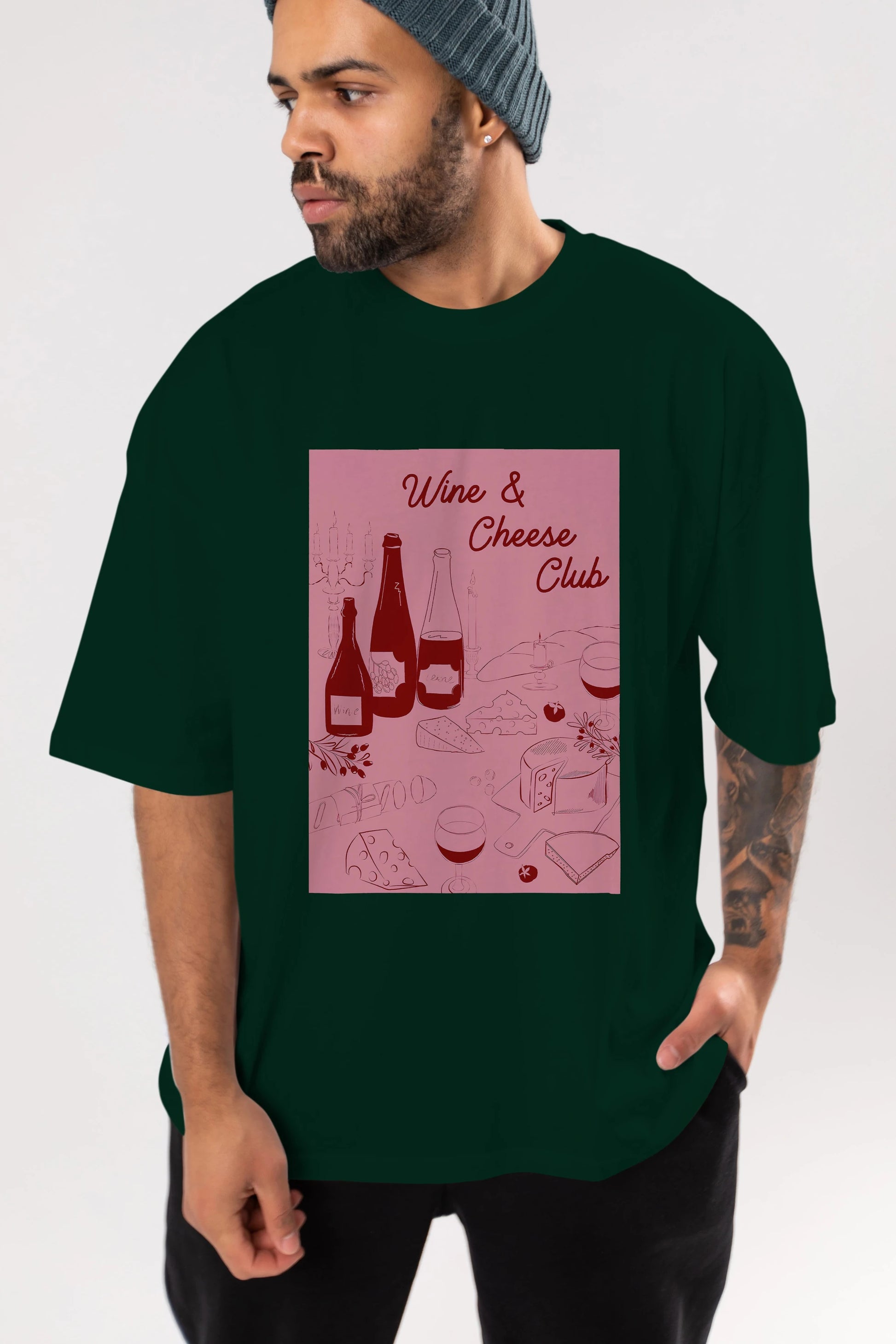 Wine Cheese Club Ön Baskılı Oversize t-shirt Erkek Kadın Unisex %100 Pamuk Bisiklet Yaka tişort