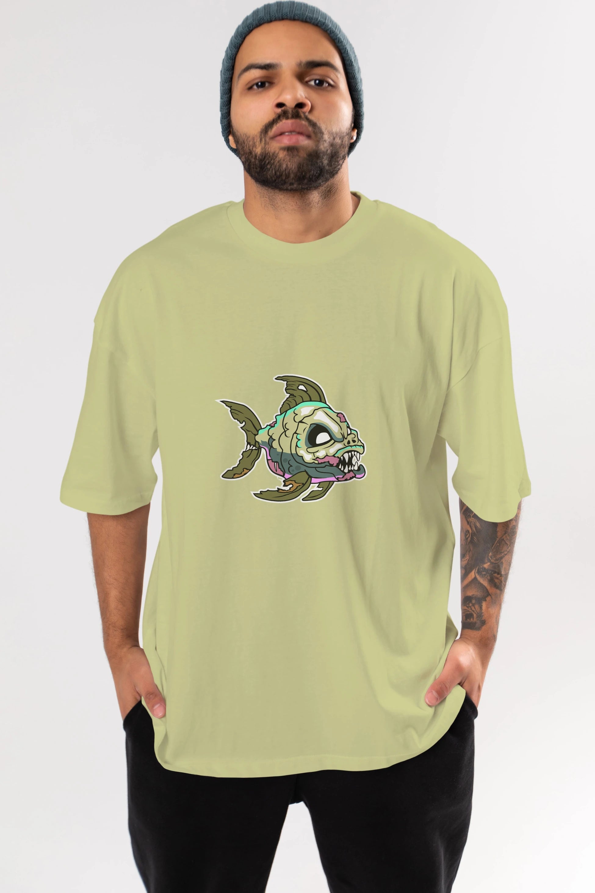 Fish Monster Ön Baskılı Oversize t-shirt Erkek Kadın Unisex %100 Pamuk tişort